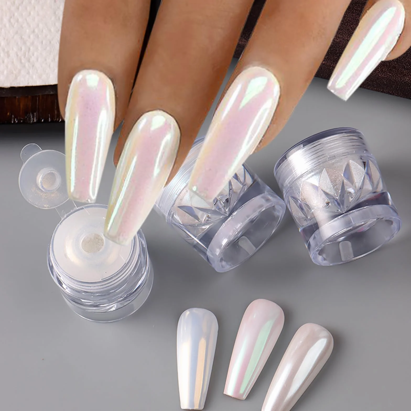 White Pearl Chrome Nail Powder Aurora Nail Powder holograficzny puder do paznokci 3 szt. lustrzany puder brokatowy