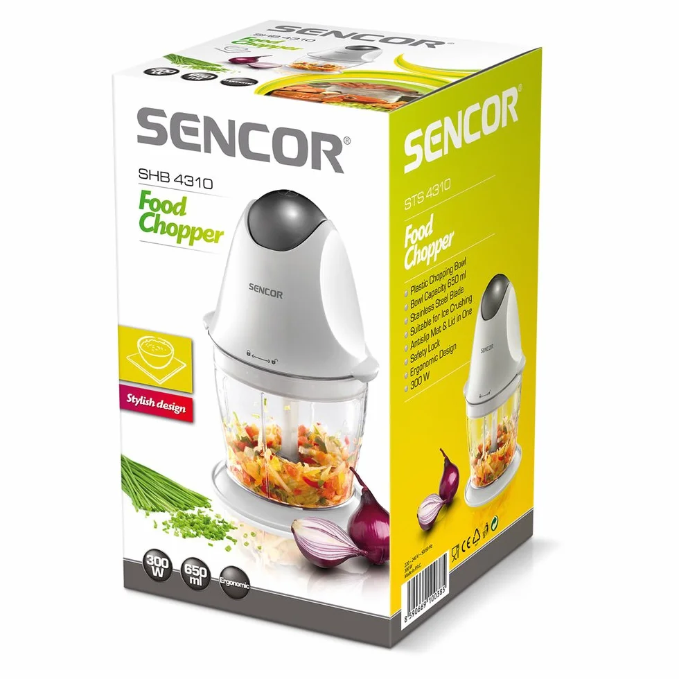 SENCOR SHB 4310 elektryczny robot kuchenny (350 W, maszynka do mięsa, wielofunkcyjna kuchenna szatkownica do mięsa, warzyw, owoców i orzechów z wysokiem/niskiem), biały