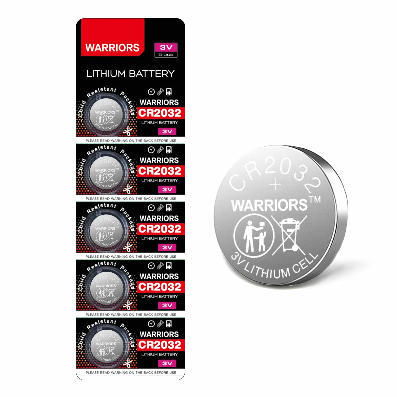 Warriors 5X 2032 baterie guzikowe CR2032 3V, opakowanie bezpieczne dla dzieci, do stosowania w breloczkach, wagach, urządzeniach medycznych