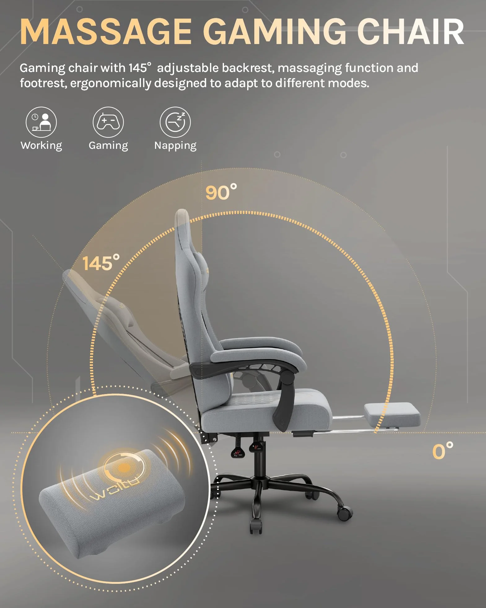 WOLTU Fotel gamingowy z funkcją masażu, krzesło komputerowe z poduszką z kieszeni, fotel dla graczy, ergonomiczny, obrotowy fotel z poduszką pod głowę, poduszka lędźwiowa, podnóżek, 150 kg,