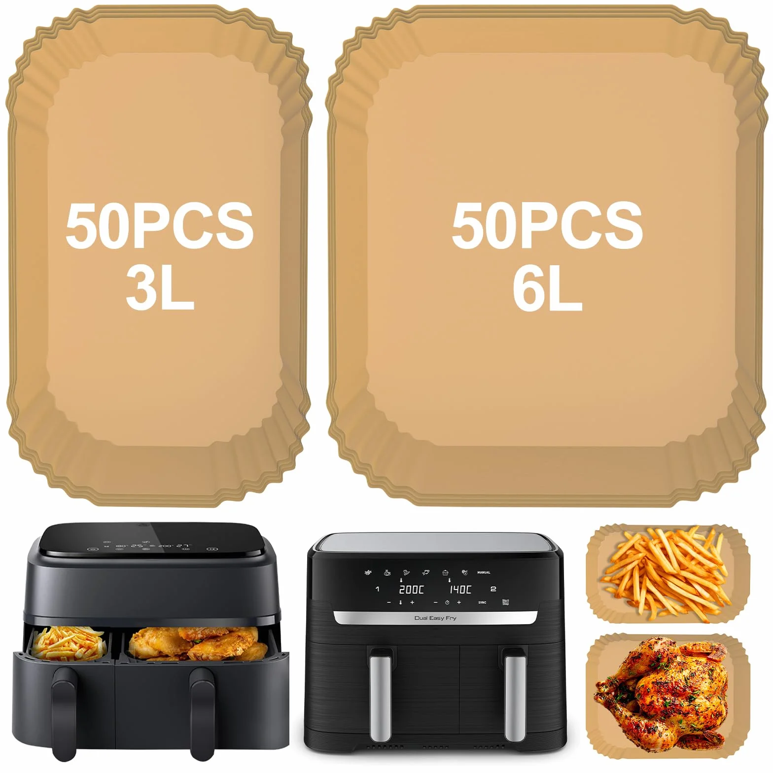 Papier do pieczenia do frytkownicy beztłuszczowej 6 l/3 l, kompatybilny z frytkownicą Phillips z dwoma szufladami serii 3000/5000 i Tefal z dwoma szufladami 5,2/3,1 l, 100 sztuk