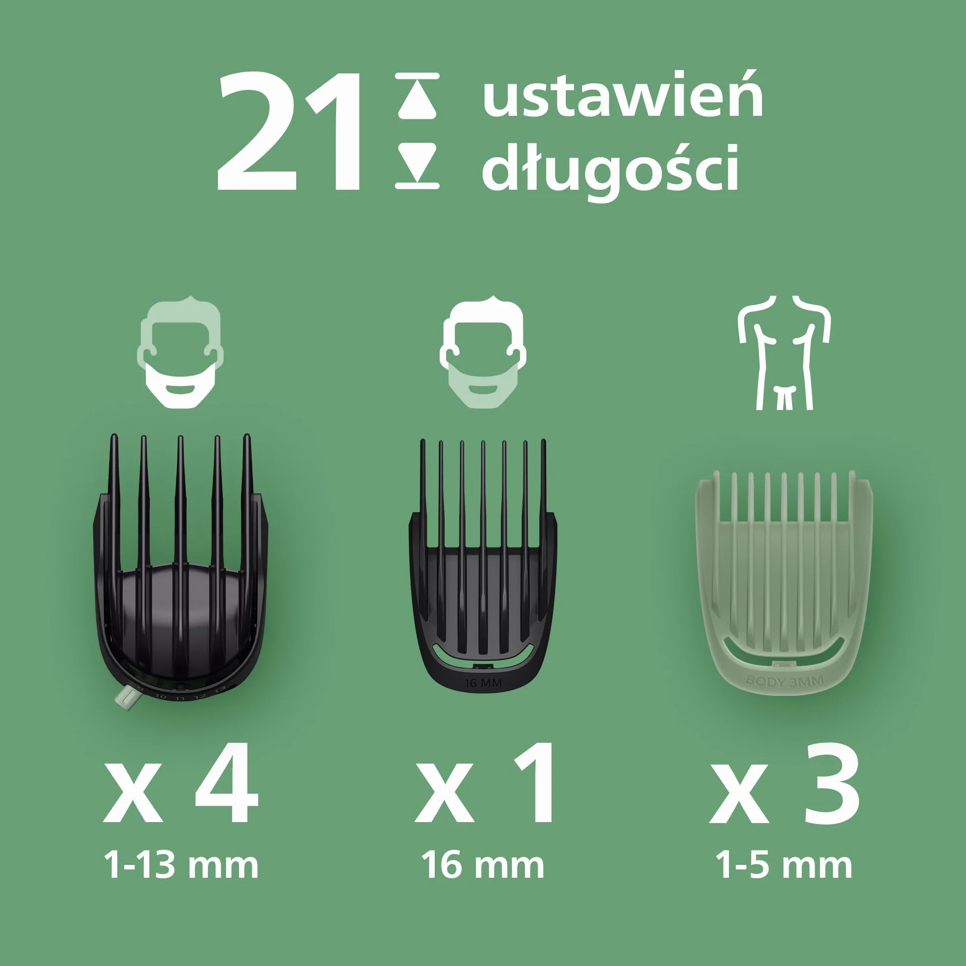 16-elementowy trymer Philips Multigroom All-in-One z serii 7000: trymer do twarzy, głowy i ciała, samoostrzące się metalowe ostrza, 21 ustawień długości (0,5-16 mm), model MG7931/15