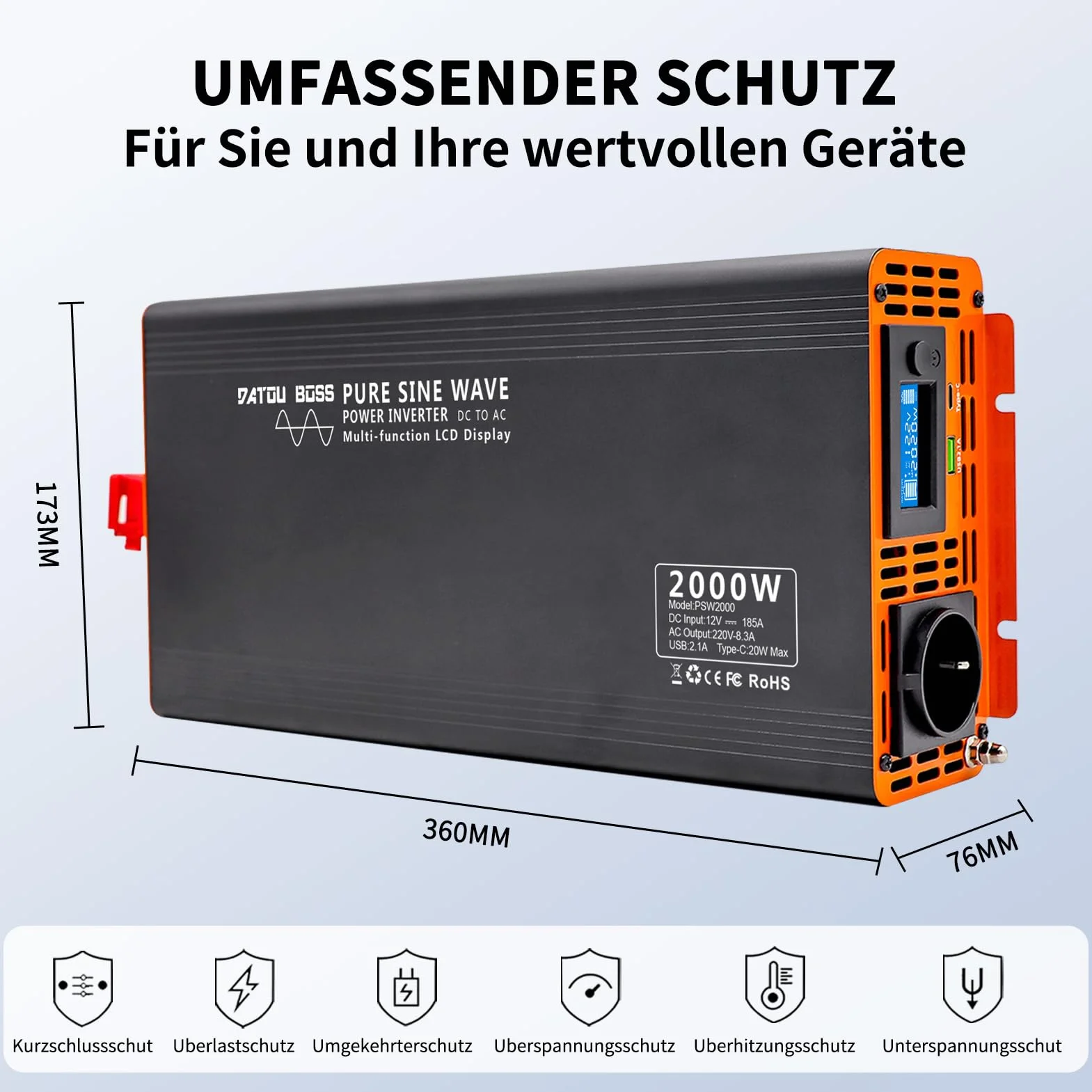 DATOUBOSS Przetwornica Samochodowa 12V 230V Czysty Sinus 2000W/4000W, Inwerter z Pilotem Zdalnego Sterowania i Wyświetlaczem LCD, 1× Gniazdo AC, 1× USB, 1× USB-C