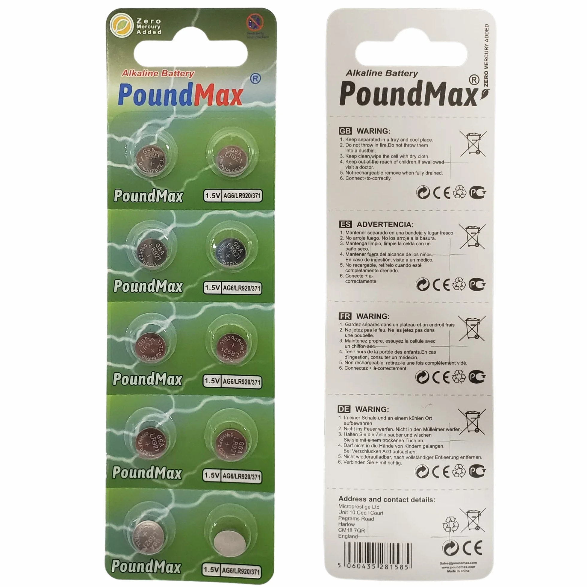 10 x AG6 370 371 LR921 LR69 SR920SW LR920 1,5 V PoundMax alkaliczna bateria guzikowa