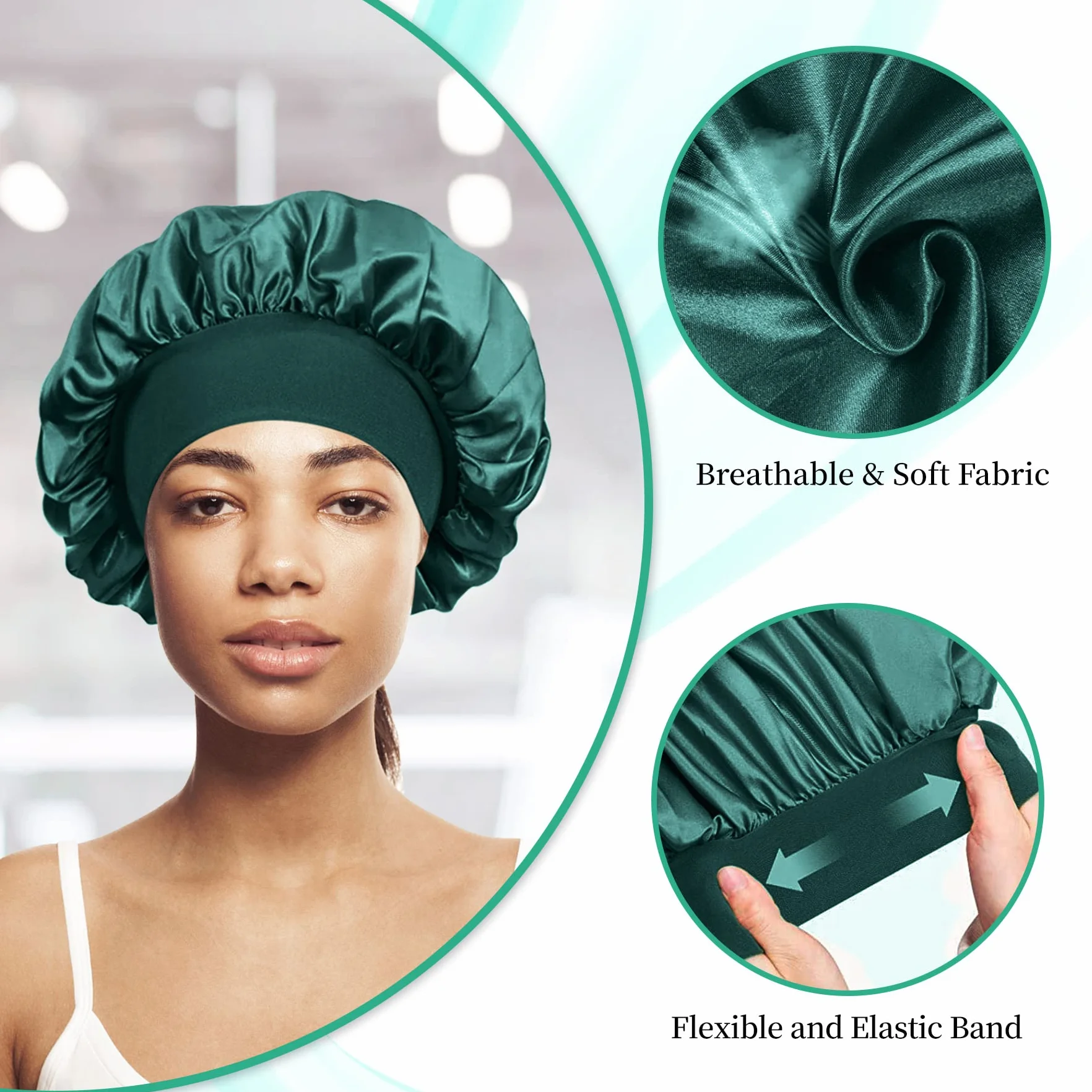 4 Stück Satin Haarhaube Nacht Schlafhaube mit 4er Elastische Haargummis, Verstellbare Schlafmütze Satin Bonnet Nachtmütze Haube Duschhaube Schlafkappe Seidenhaube für Damen und Mädchen