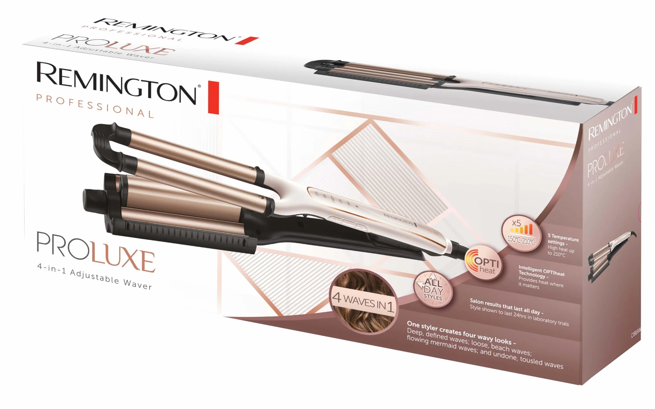 Remington falownica 4w1, inteligentna tech. OptiHeat utrwala fryzurę do 24h, 4 rodzaje fal, ceramiczna, regulacja do 210°C, szybkie nagrzewanie, zimne końcówki, moc 90W, kremowo-złota, PROluxe CI91AW