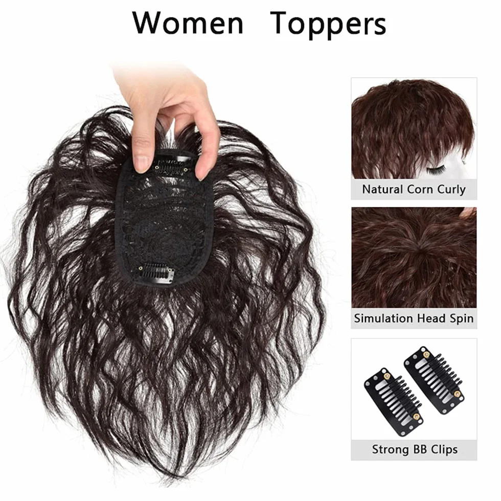 Remeehi krótkie kręcone toppery z klipsem, korona, treska, naturalny wygląd, peruka, zamknięcie u góry, dla kobiet, białe cienkie włosy, długość 15 cm, wykonane maszynowo, 7 x 10 cm, ciemnoczerwono-brązowy