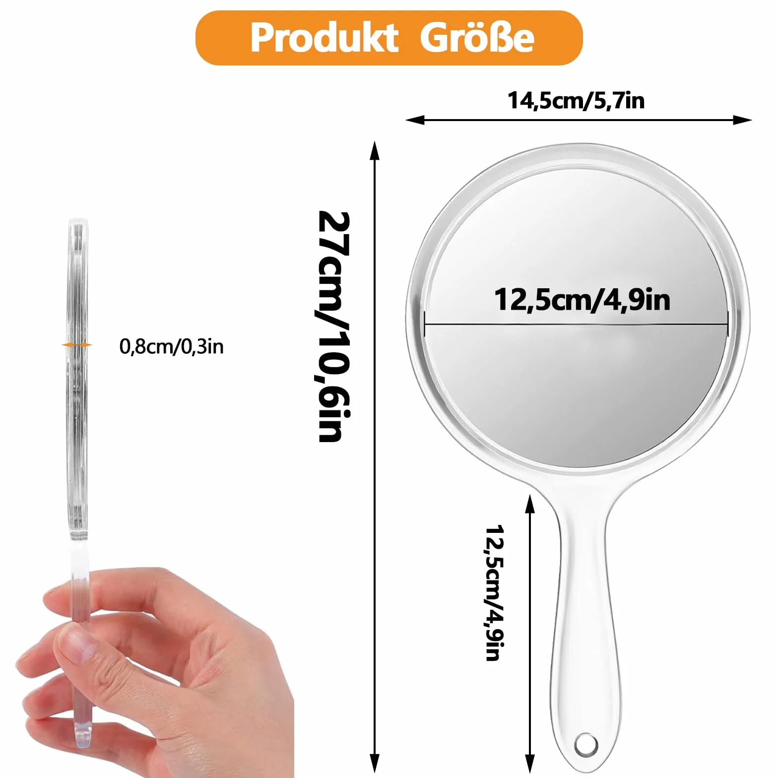 Dwustronne lusterko ręczne, 27 cm, lusterko kosmetyczne, ręczne z uchwytem, powiększenie 1x/ 3x, do codziennego makijażu dla kobiet (przezroczyste)