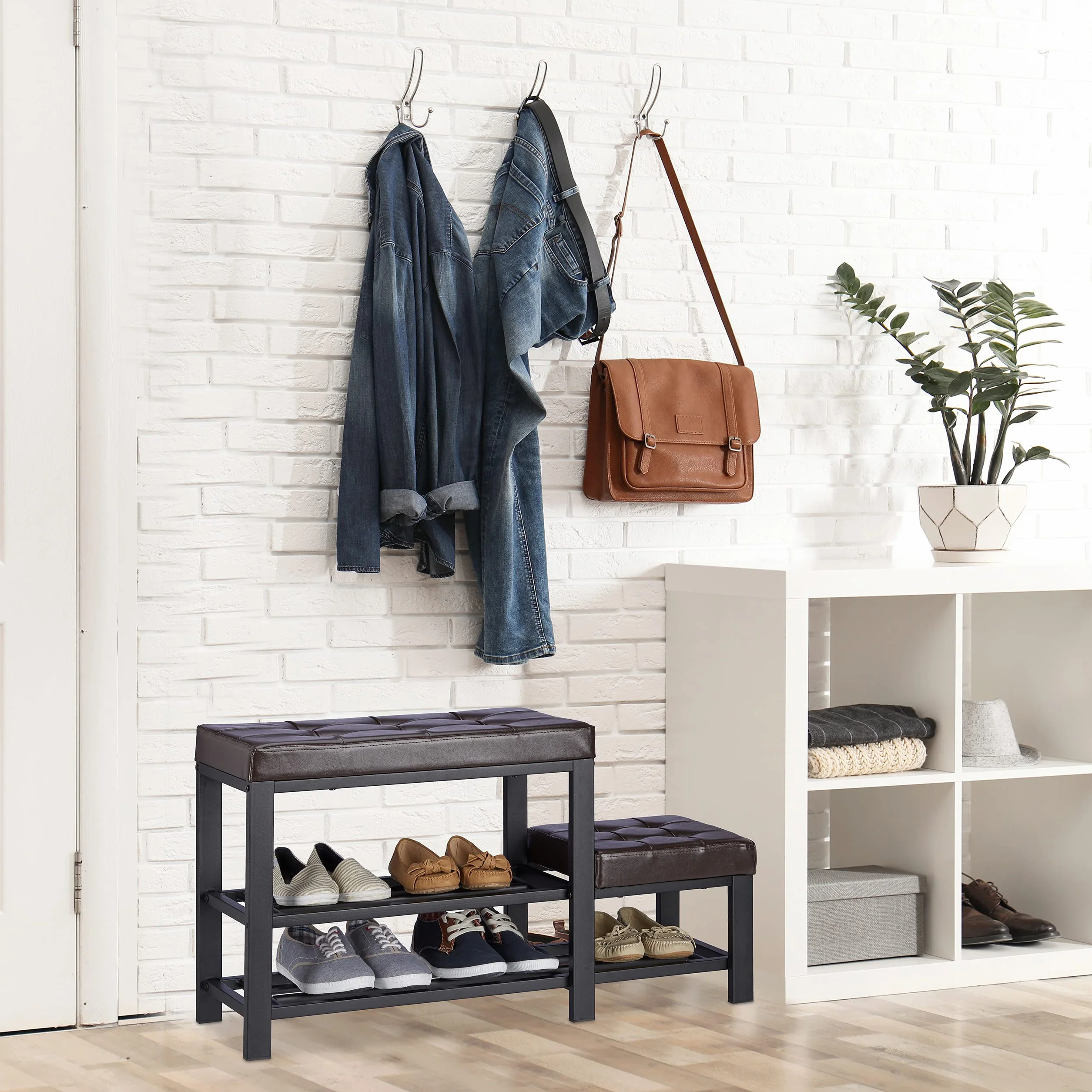 Relaxdays Ławka na buty ze stołkiem siedzisko 2 poziomy 50x90,5x30,5 cm brązowy