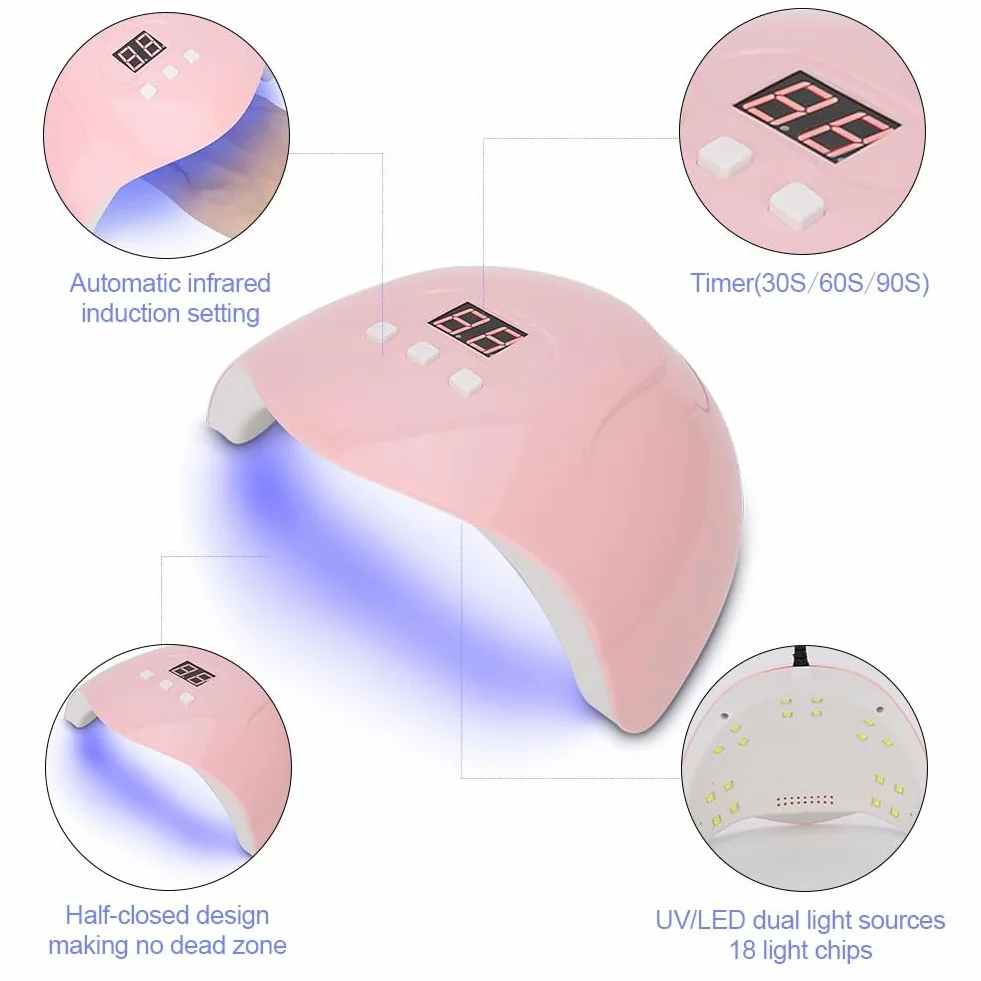 UV LED lamp for nails, nail dryer 54 W yellow nail polish hardening UV LED professional manicure tool with timer 30/60/90 s