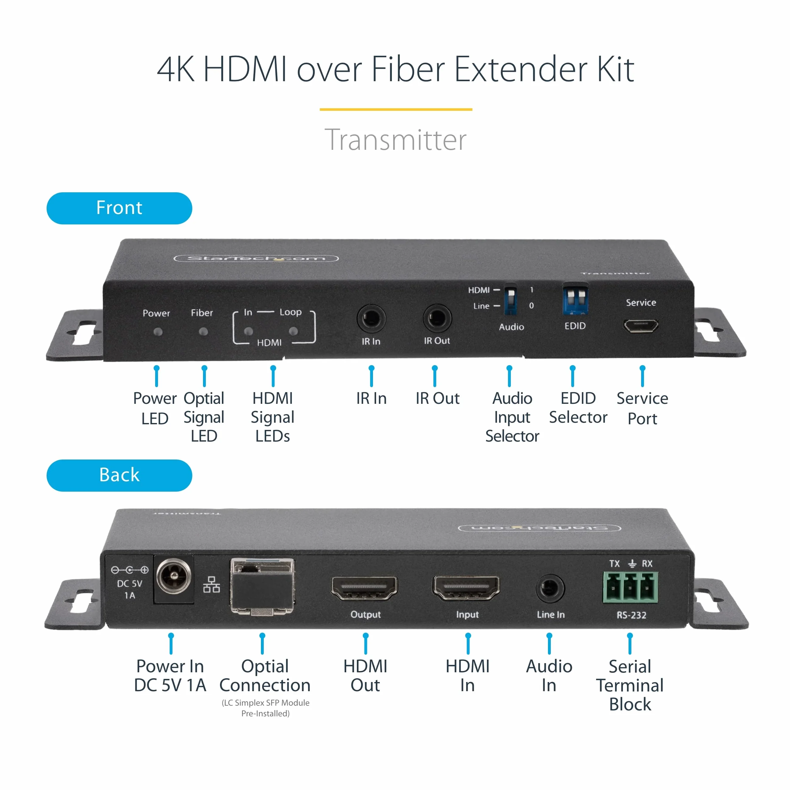 StarTech.com Przedłużacz HDMI su fibra ottica LC, 4K 60Hz fino 1 km (tryb pojedynczy) o 300m (Multitryb) - HDR, HDCP, 3,5mm Audio/RS232/IR Extender, zestaw trasmettitore e ricevitore (ST121HD20FXA2)
