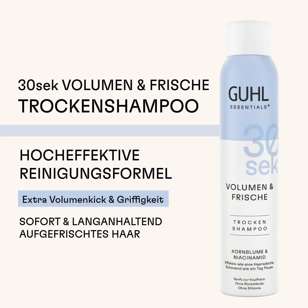 Guhl 30 s suchy szampon – objętość i świeżość – zawartość: 200 ml – niacynamid i chaber – skuteczny jak mycie włosów – delikatny jak dzień przerwy – bez pozostałości – bez silikonów