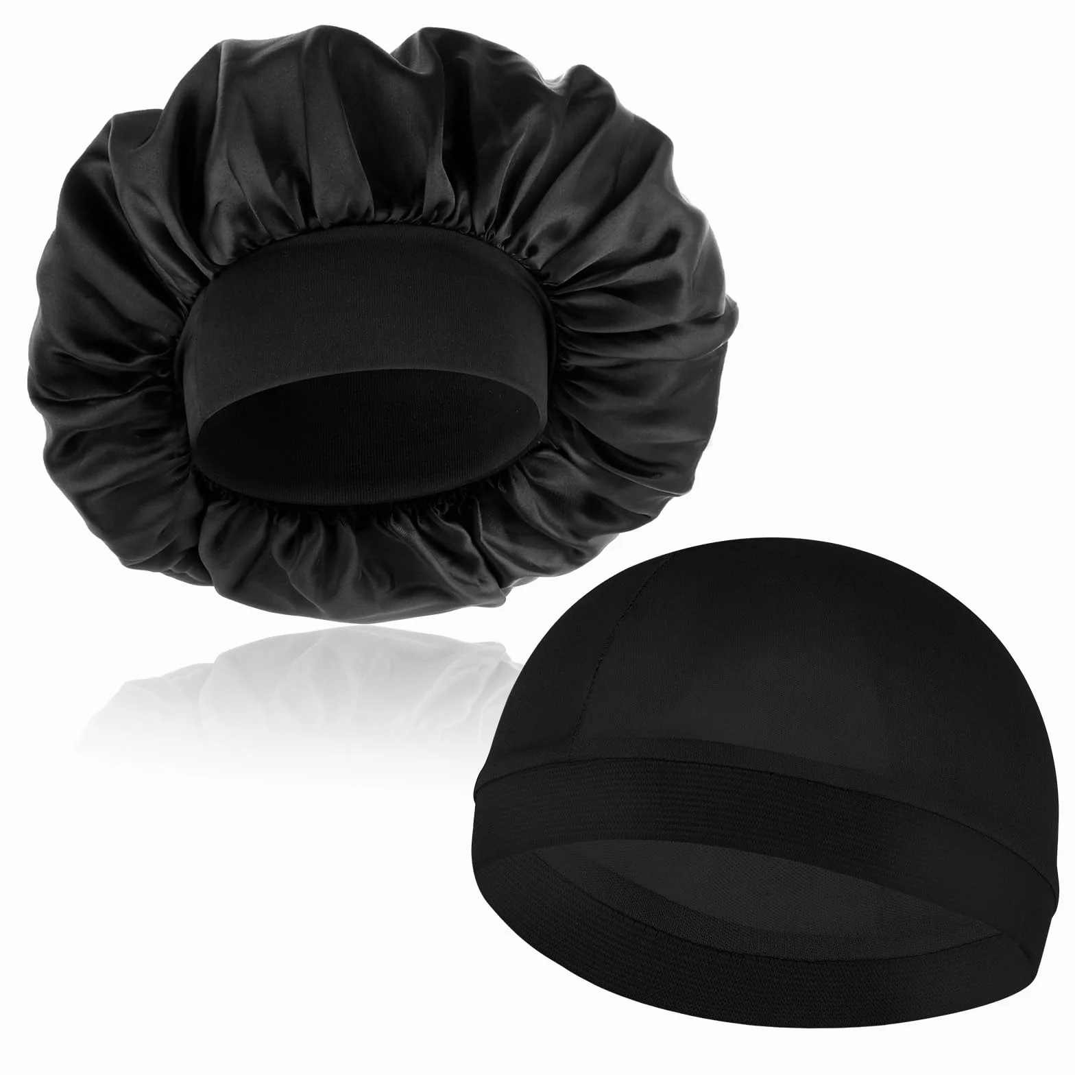 Satynowy czepek na włosy Bonnet i falowane czepki, miękki, oddychający, do spania, jedwabny czepek pod głowę, dla mężczyzn, dorosłych, dzieci, kręcone (czarny)