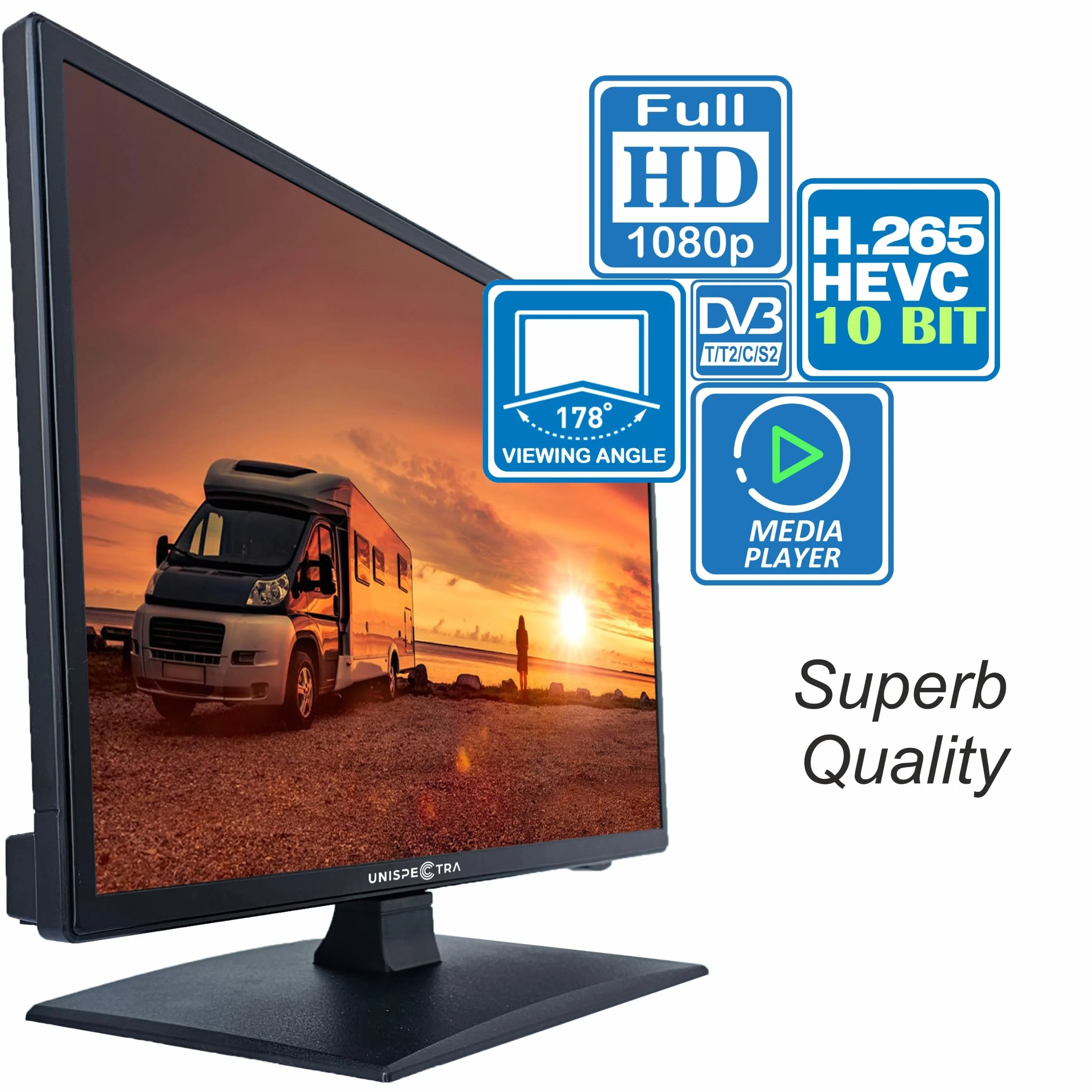 Unispectra ® 22” Smart TV (webOS) FHD 230V 12V 24V potrójny tuner, 3x HDMI, 2x USB, pilot Magic. Telewizor 12 V do samochodów I przyczep kempingowych, ciężarówek, łodzi
