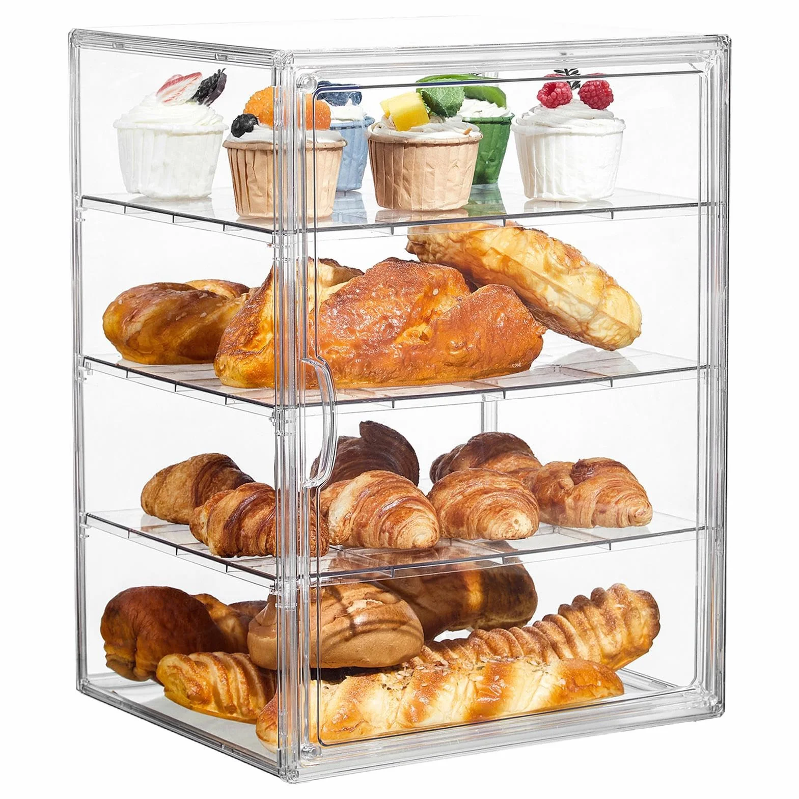 Acrylic Pastry Display Box, Clear 4-Layer Bread Organizer, Airtight Bakery Storage Case, 40x30x25cm, for Kitchen Counter, Sandwiches, Bagels, Homemade Goods Counters Organized