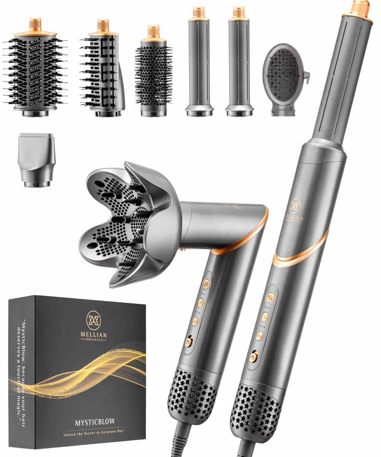 Mellian MysticBlow Airstyler szczotka do włosów 8 w 1 - Multistyler suszarka do włosów z dyfuzorem, szczotka do stylizacji włosów