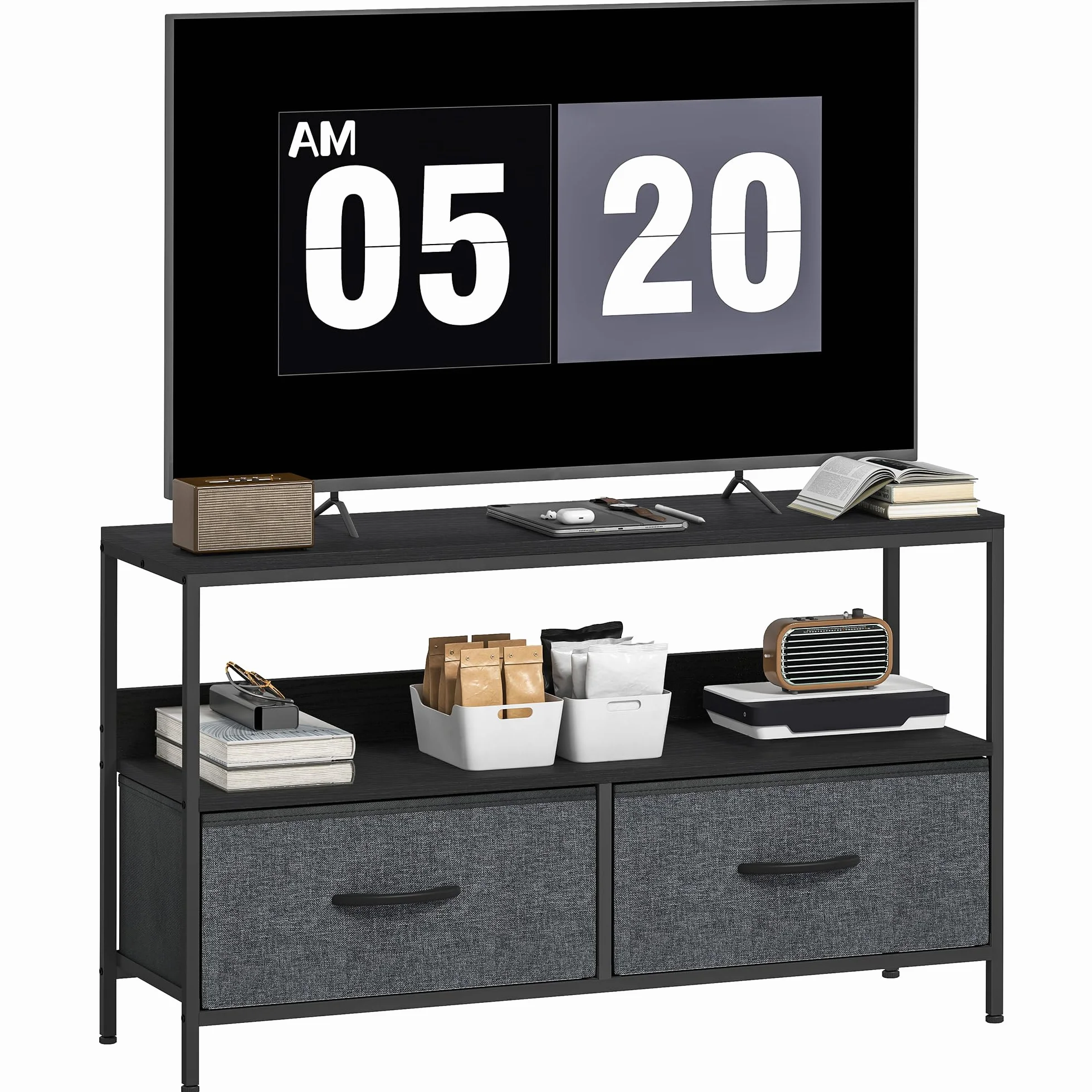 HOMCOM Stolik RTV Lowboard 98 cm z 2 szufladami, otwartą półką, na telewizory do 47 cali, stalowa rama, Czarny+Ciemnoszary