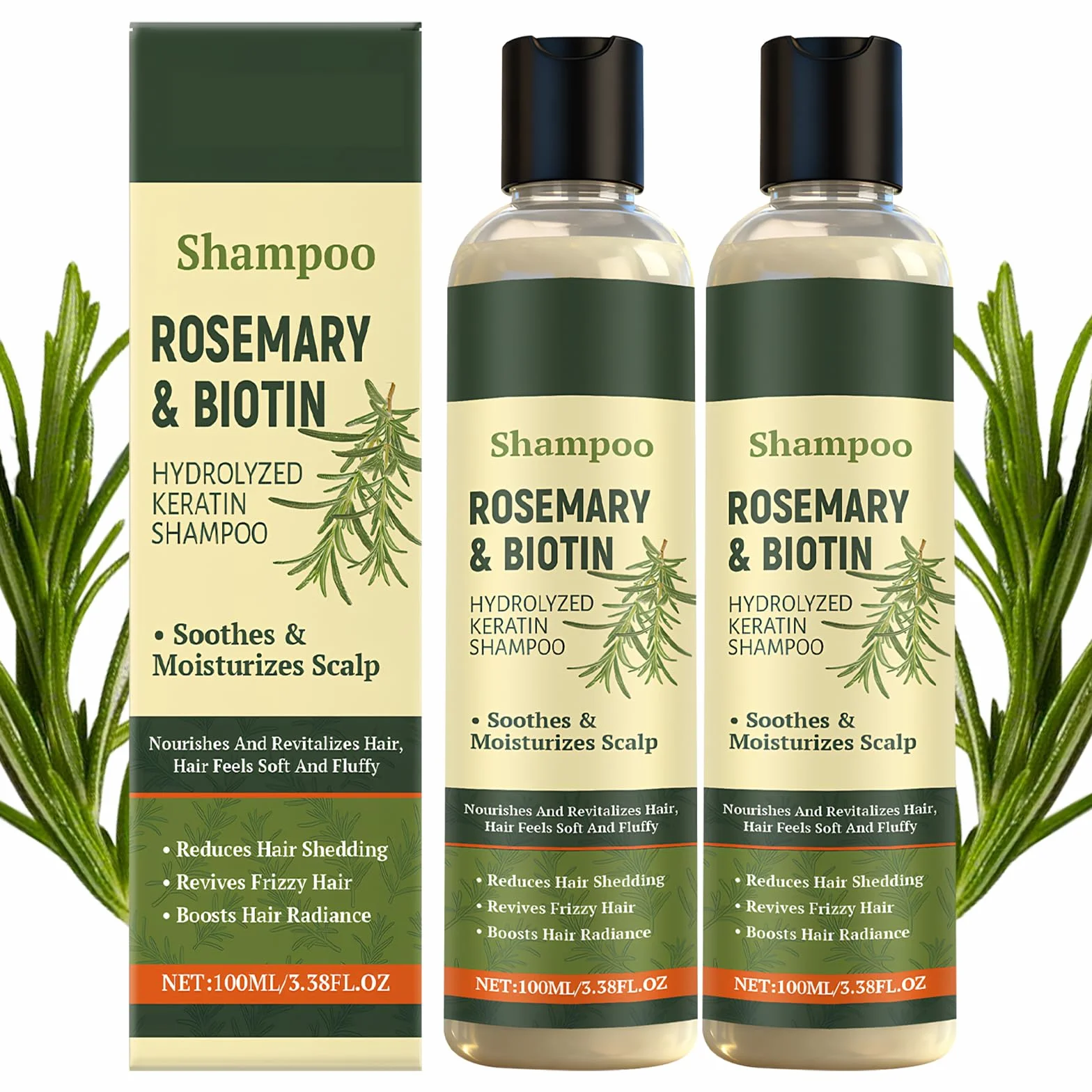 2 × 100 ml szampon rozmarynowy do wypadania włosów, szampon rozmarynowy z hydrolizowaną keratyną, szampon pielęgnujący inspirowany naturalnymi roślinami do codziennego czyszczenia, do delikatnych