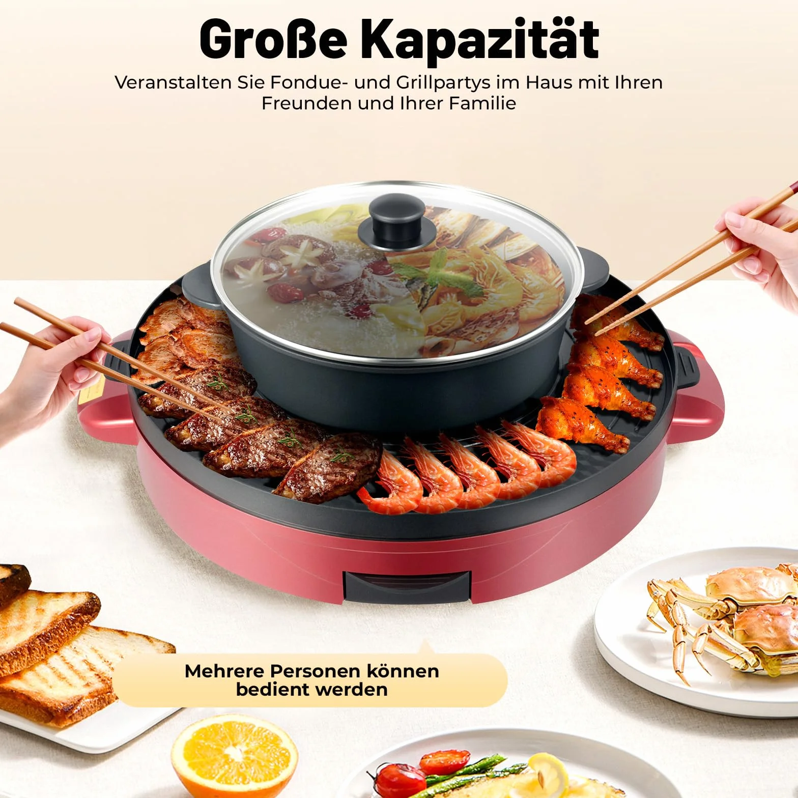 Elektryczny grill i zestaw do fondue 2200 W 44 cm powłoka nieprzywierająca Hot Pot płyta grillowa czerwony