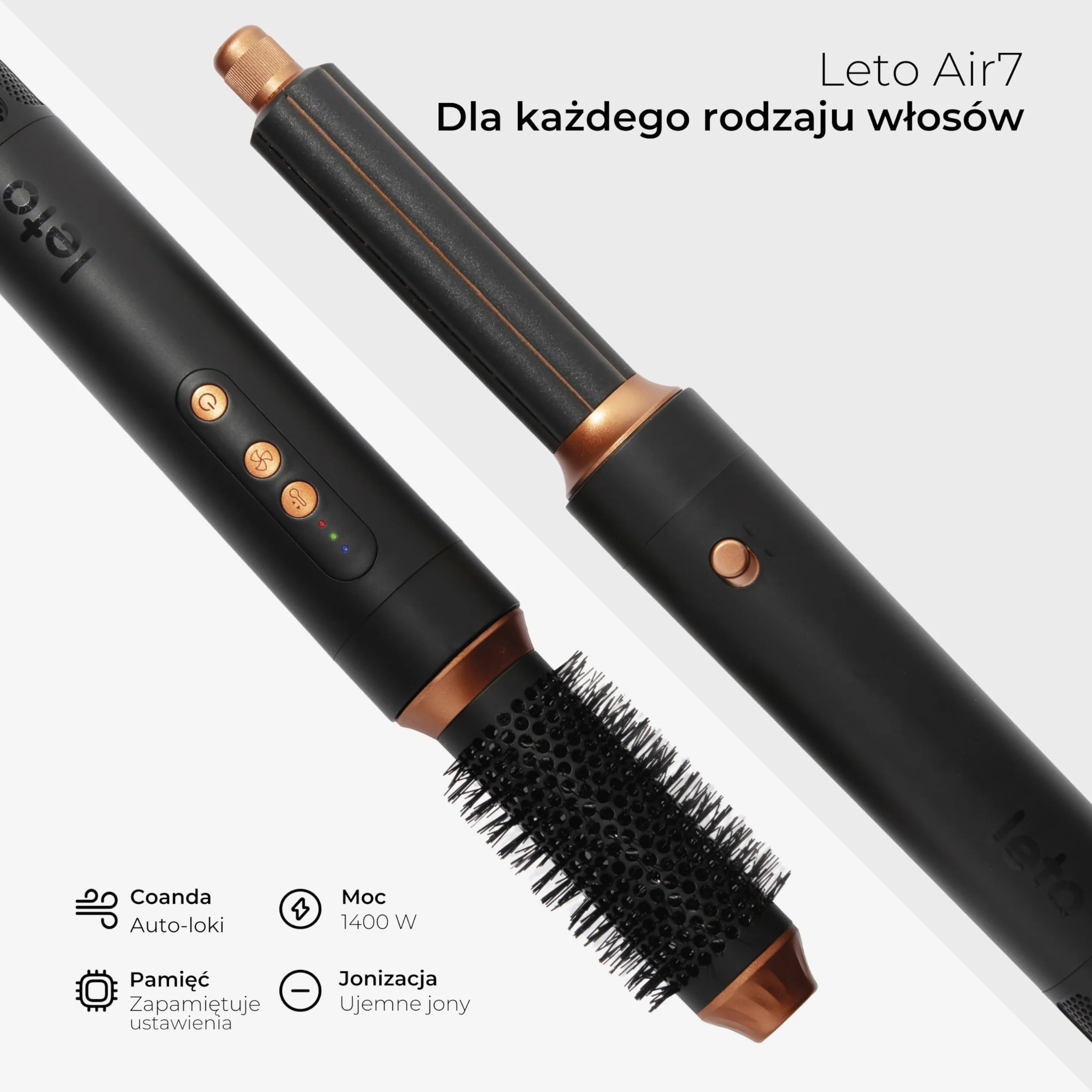 Leto 7 w 1 Hot Air Brush & Hair Dryer – okrągła szczotka, lokówka, prostownica, dyfuzor, koncentrator, Coanda, jonowa, 1400W BLDC