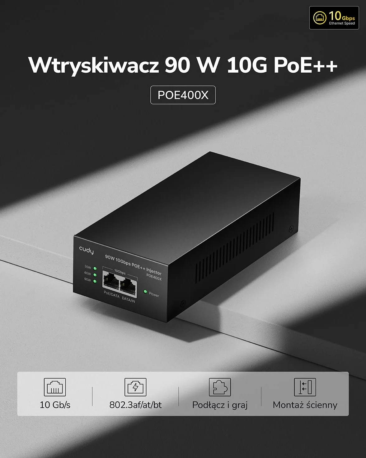 Cudy Adapter wtryskiwacza POE400X 90W 10G Ultra PoE++, zgodny z 802.3bt /802.3at/802.3af, zasilacz Ultra do 90 W, ekranowany RJ-45 10 Gb/s, Plug & Play, metalowa obudowa
