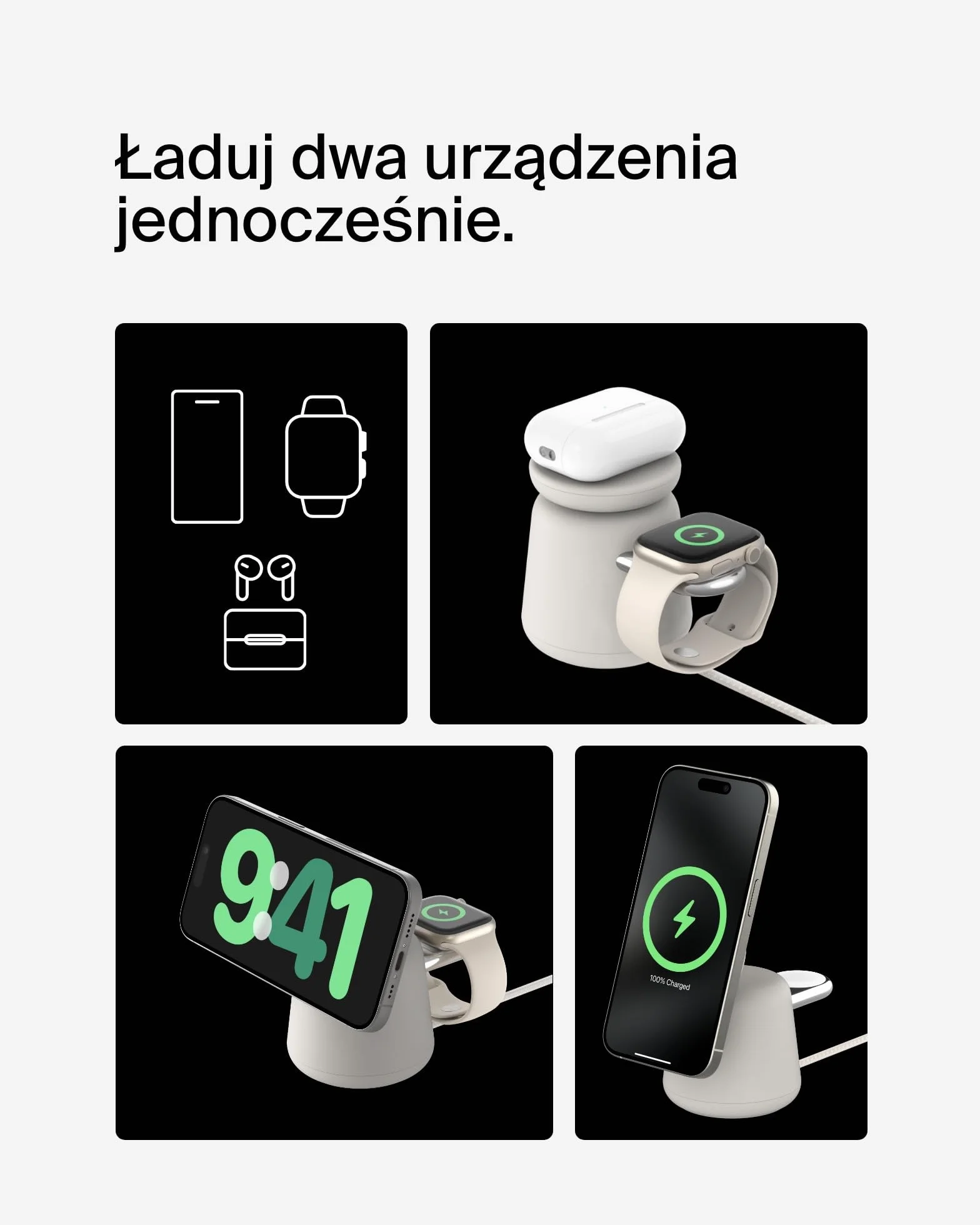 Belkin BoostCharge Pro bezprzewodowa stacja ładująca 2 w 1 z Qi2, 15 W, kompatybilna z MagSafe ładowarka do iPhone 17, Air, Pixelsnap, Apple Watch, AirPods, innych urządzeń Qi2, łącznie z zasilaczem