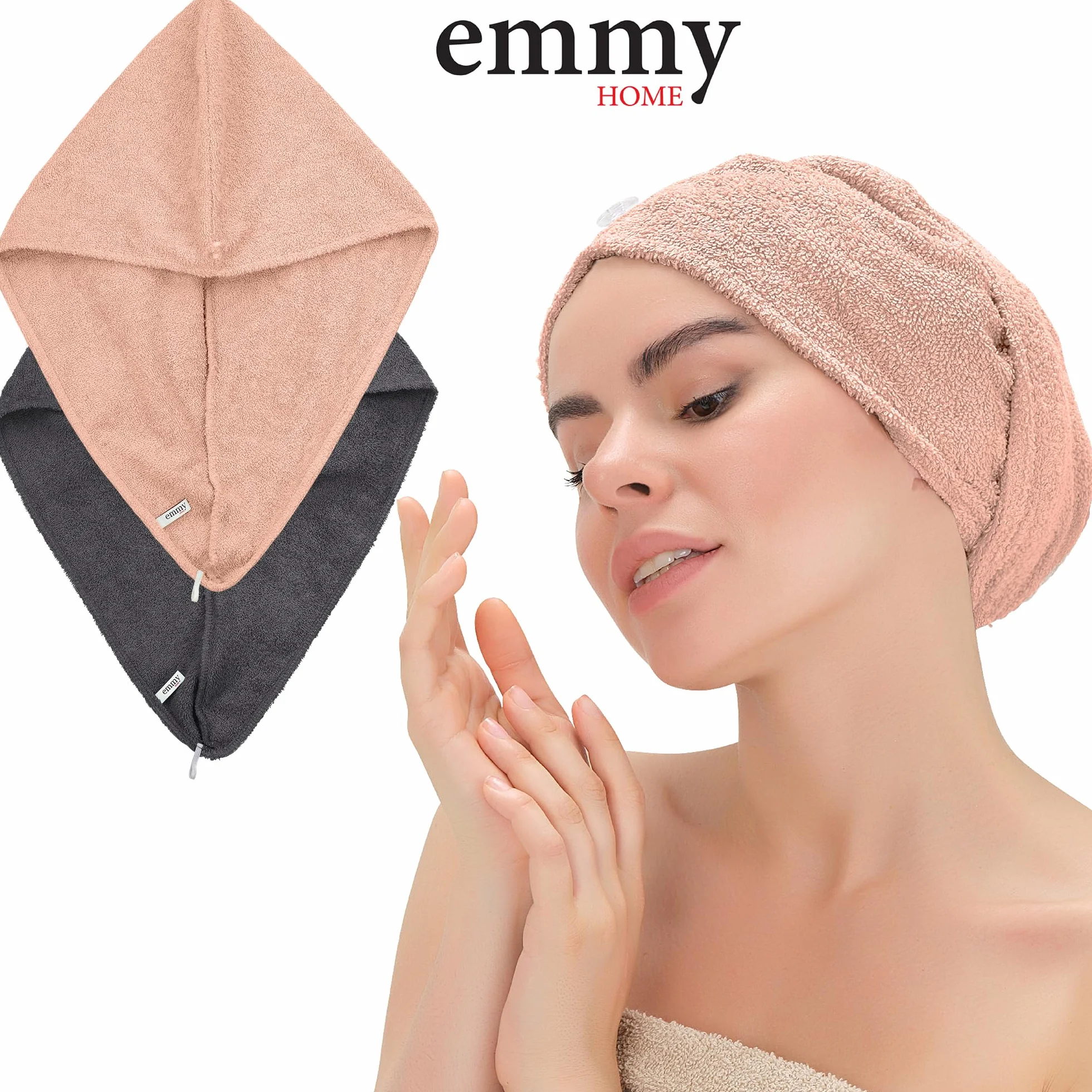 Turban do włosów – 100% bawełna, 2 sztuki, szybkoschnący, turban, ręcznik do włosów z guzikami, ręcznik do włosów, ręcznik do włosów (różowo-antracytowy)