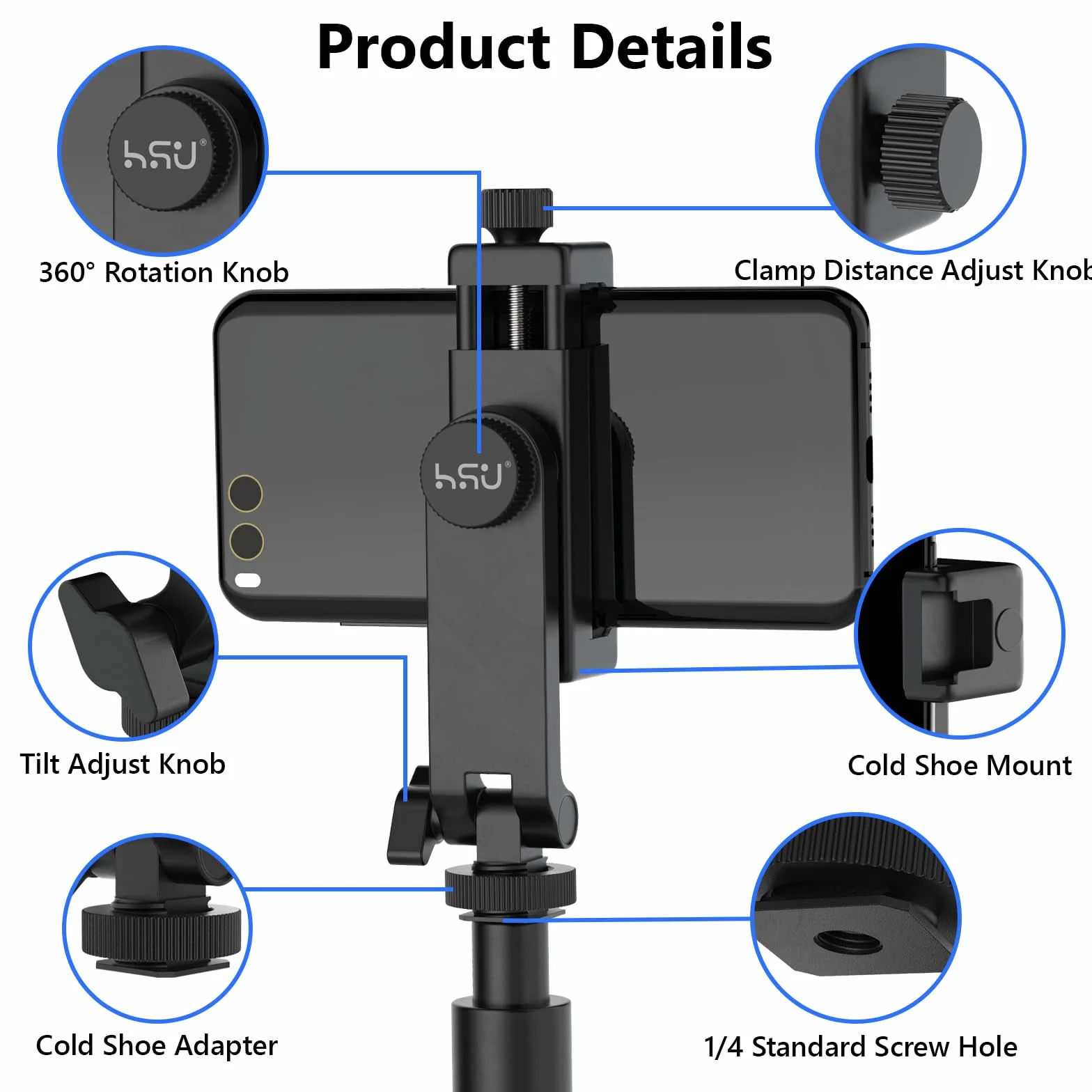 HSU Uchwyt na telefon z zimną stopką, uniwersalny uchwyt na telefon komórkowy, adapter do montażu statywu do smartfona o przekątnej 5,3-10 cm, do fotografii mobilnej