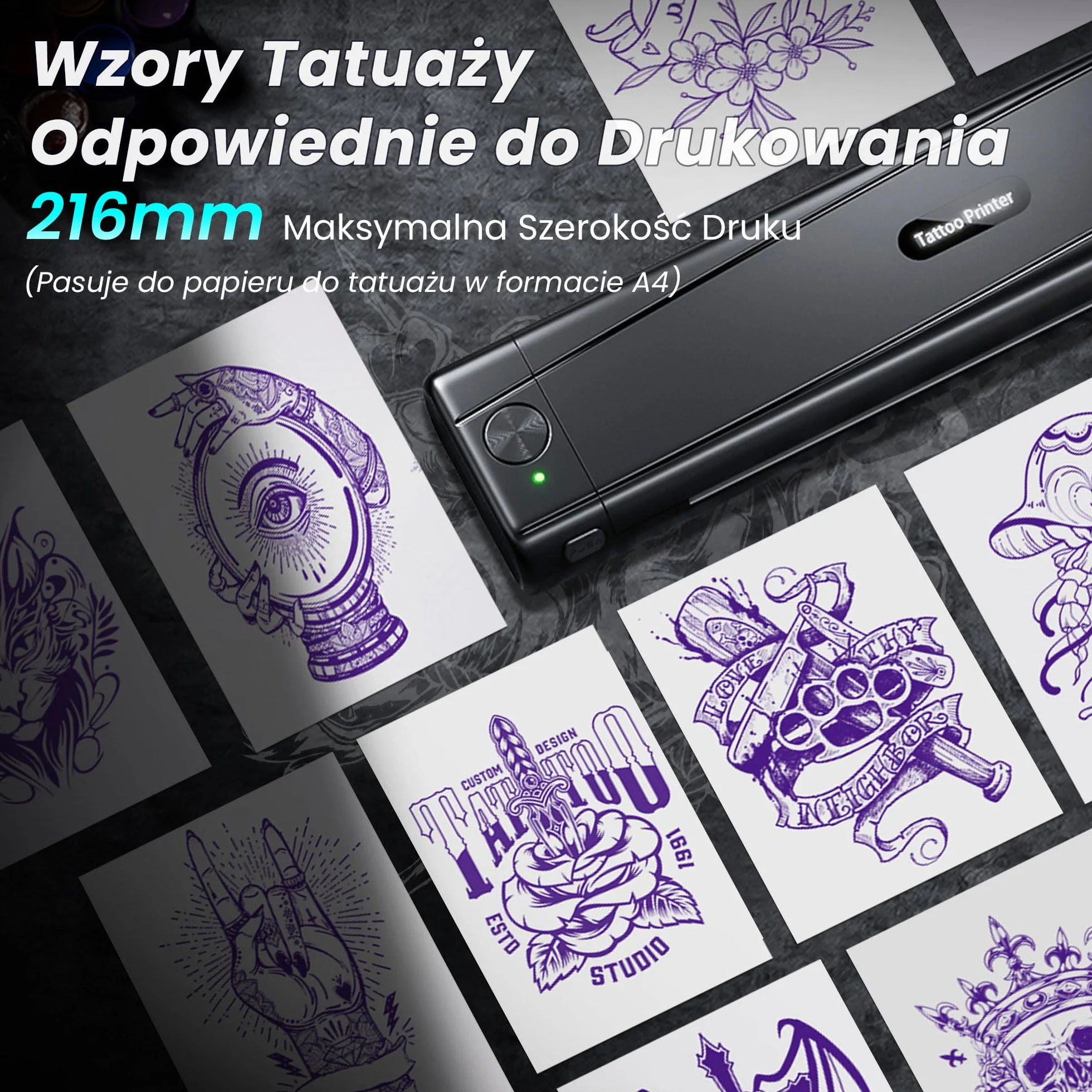 TATTMUSE Drukarka do tatuażu Bluetooth, drukarka szablonowa, 10 sztuk papieru, drukarka transferowa do tatuażu ze smartfonem, PC, drukarka termiczna dla artystów tatuażu i początkujących