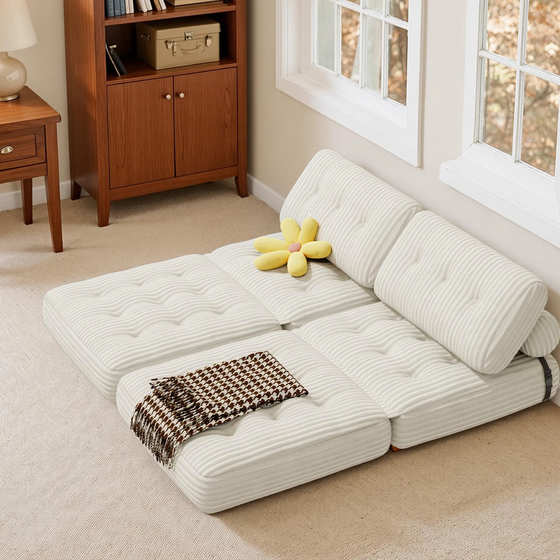 Składana sofa rozkładana 2 w 1 sztruksowa 190 x 85 cm biały