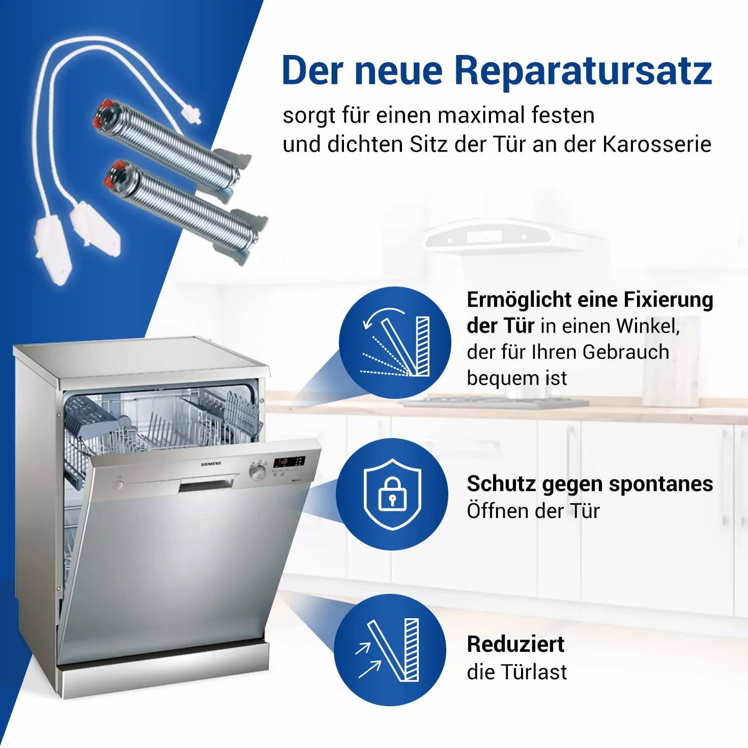 Zawias drzwiowy do zmywarki Bosch 00754866, sprężyna drzwiowa Siemens, linka Bosch Neff