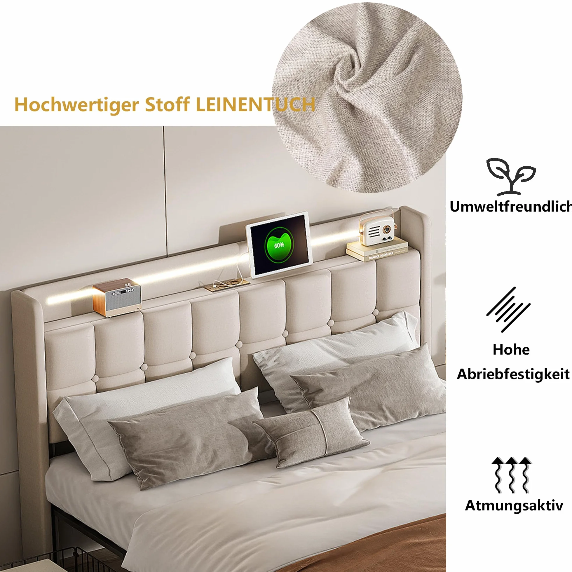 Łóżko LED 180x200 cm z szufladami i somierem, zagłówek z ładowaniem USB, beżowe