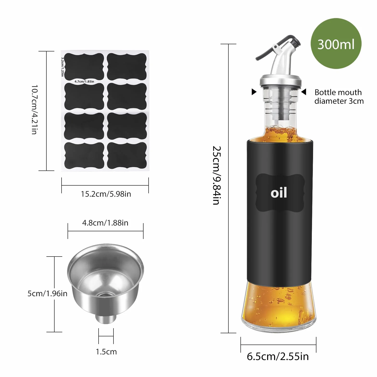 Butelka na oliwę i ocet 300 ml, dozownik do oliwy z etykietami i lejkiem, 2 sztuki