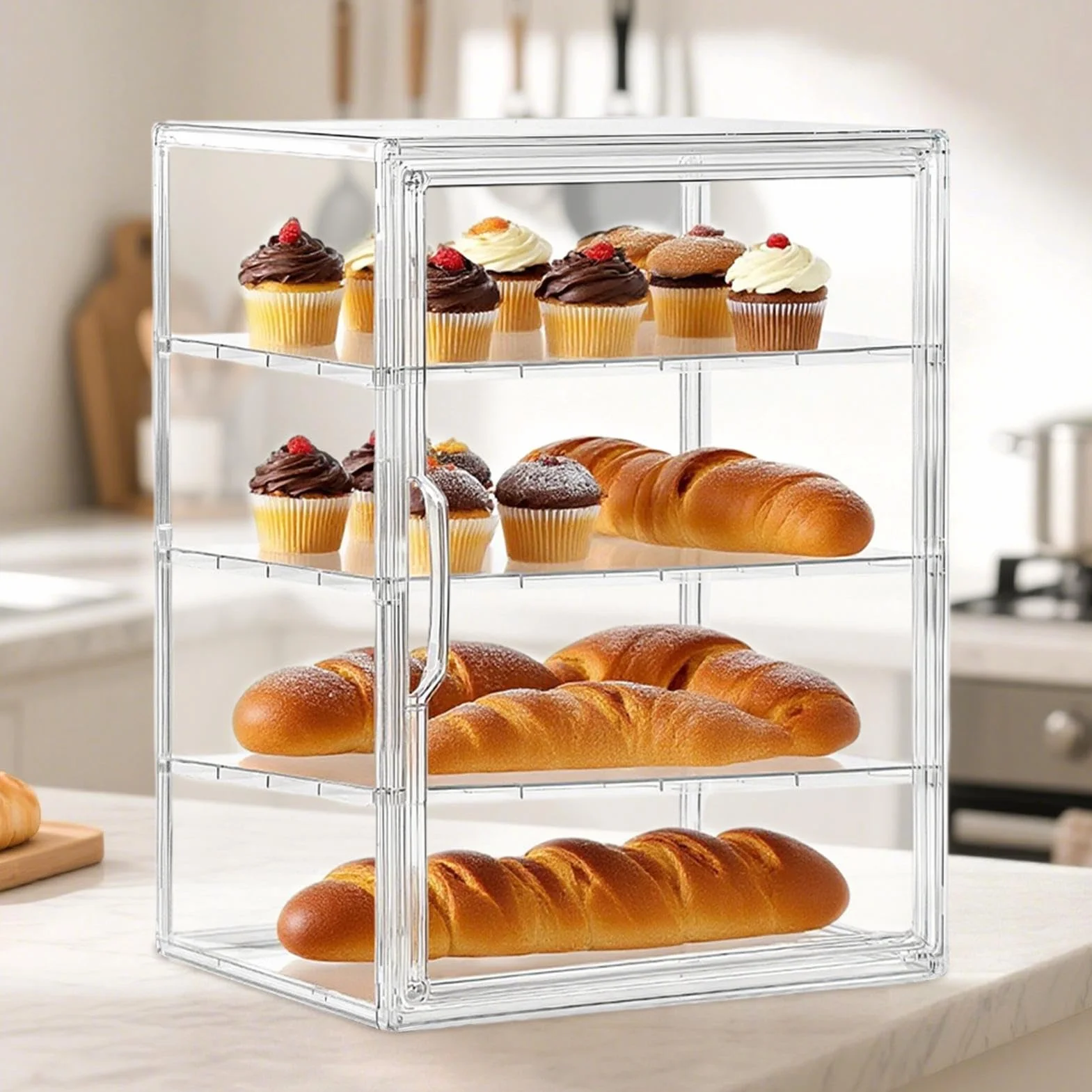 Acrylic Pastry Display Box, Clear 4-Layer Bread Organizer, Airtight Bakery Storage Case, 40x30x25cm, for Kitchen Counter, Sandwiches, Bagels, Homemade Goods Counters Organized