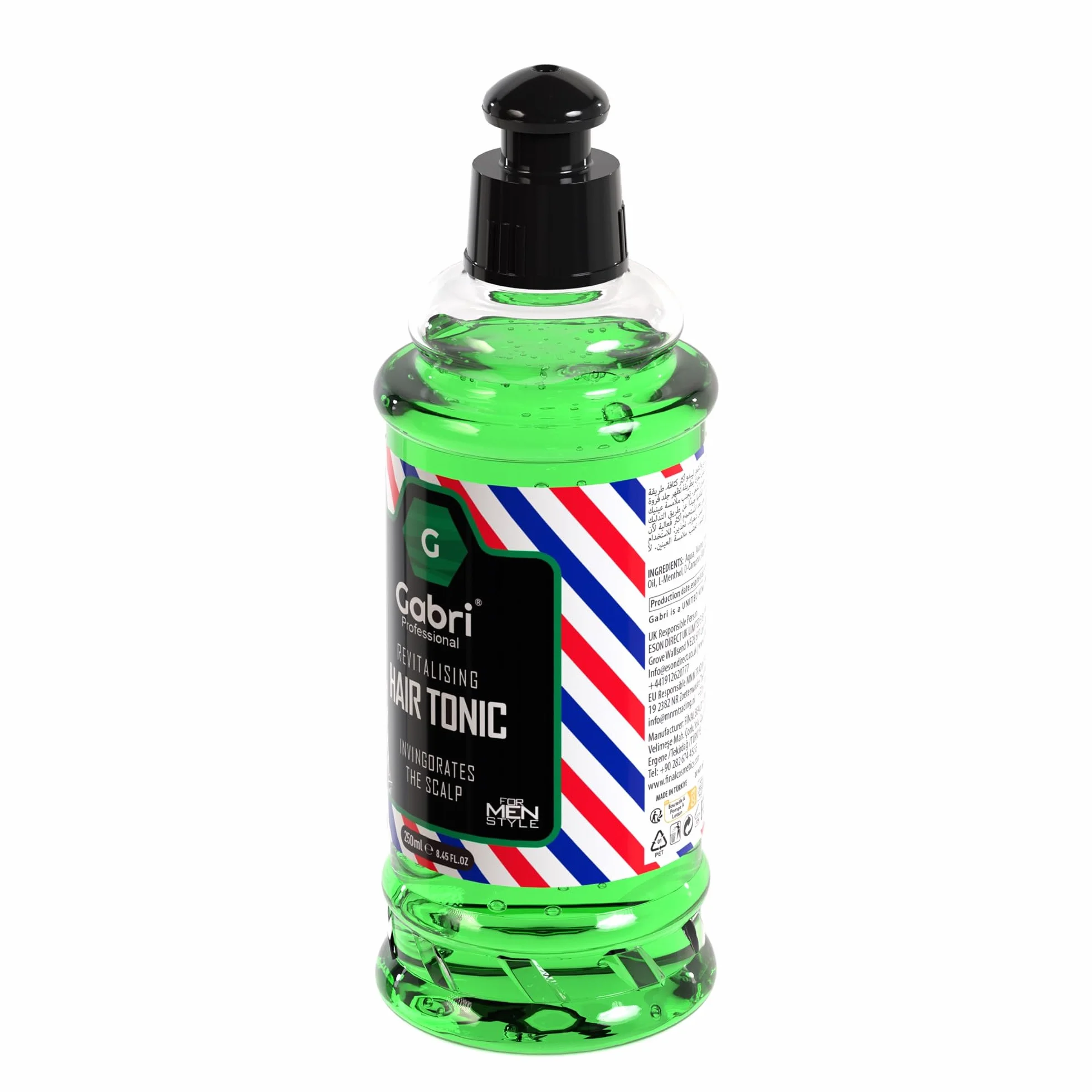 Gabri HAIR TONIC - orzeźwiający tonik do włosów - z atrakcyjnym wzornictwem Barber Shop, orzeźwiająca zieleń wewnątrz i nieodparty zapach! - 250 ml (1 sztuka)