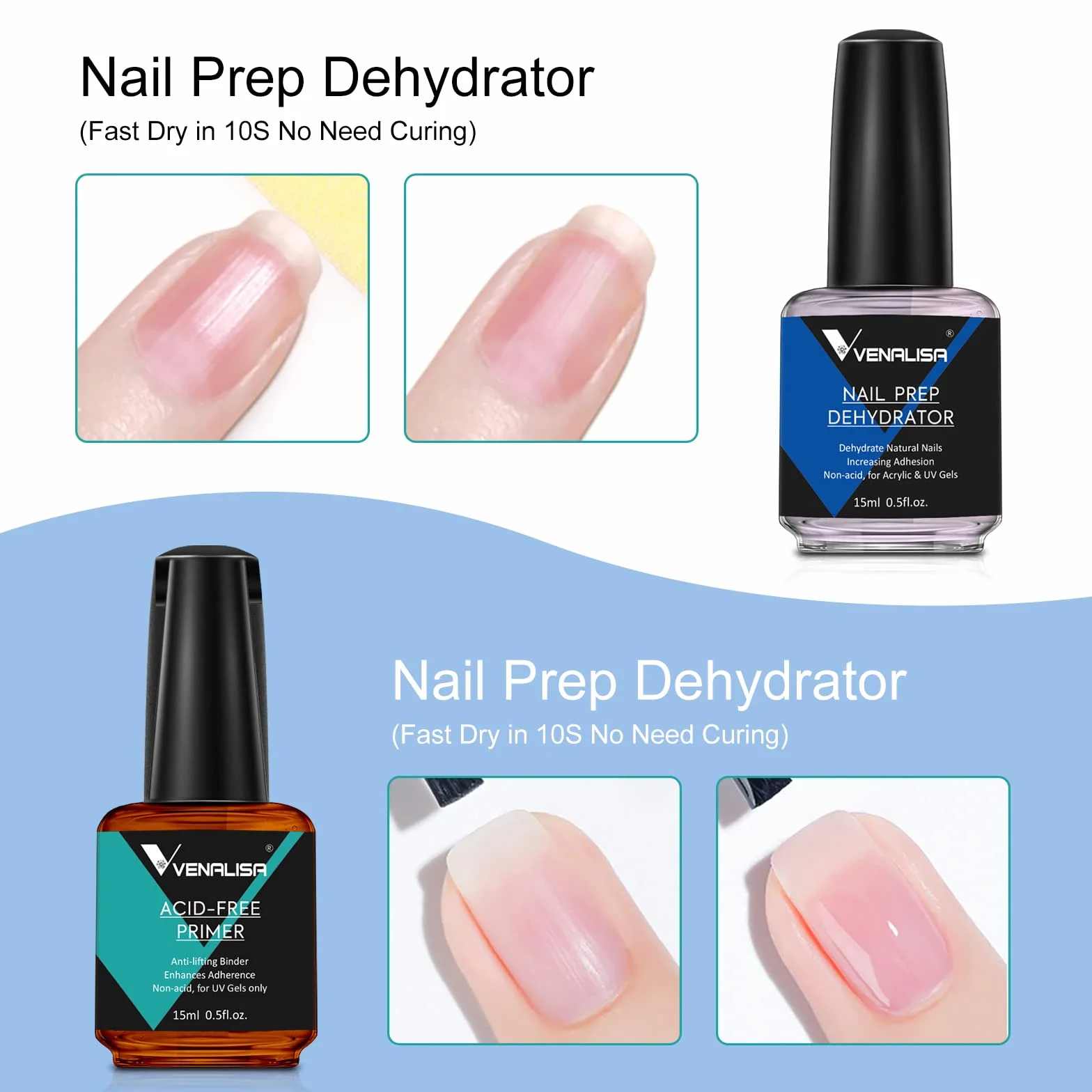 VENALISA 2 PCS 15ml Nail Art Salon Professional Nail Prep Dehydrator Air Dry No Acid Primer Enamel UV Gel Nail Polish Kit for DIY at Home Nail Care Kit