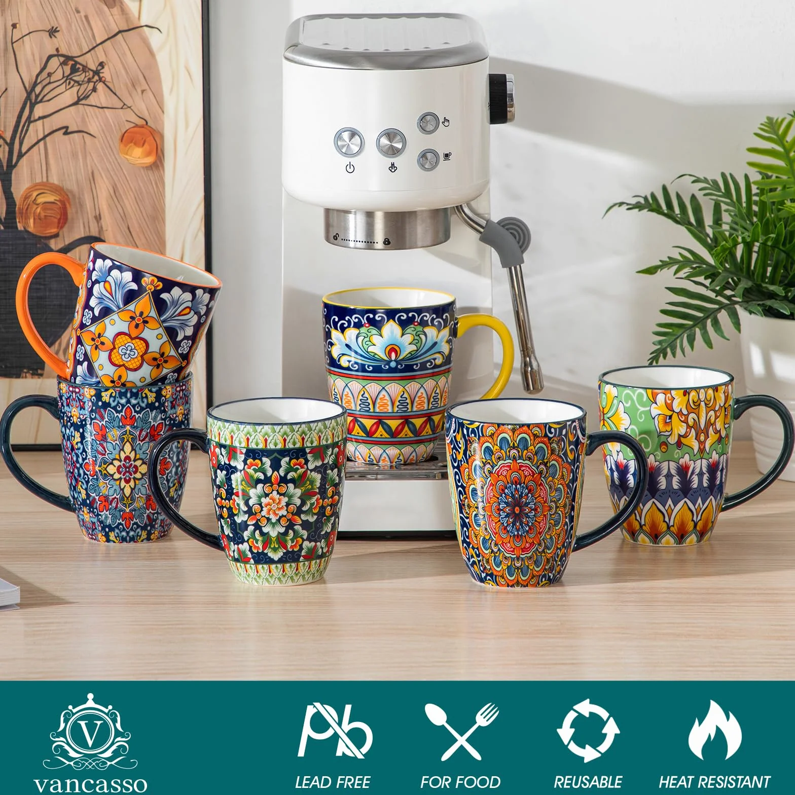 vancasso Zestaw filiżanek do kawy 6-częściowy, zestaw filiżanek SIMI z uchwytem, porcelanowe kubki do kawy 360 ml, czeskie filiżanki do herbaty, zestaw do kawy dla 6 osób