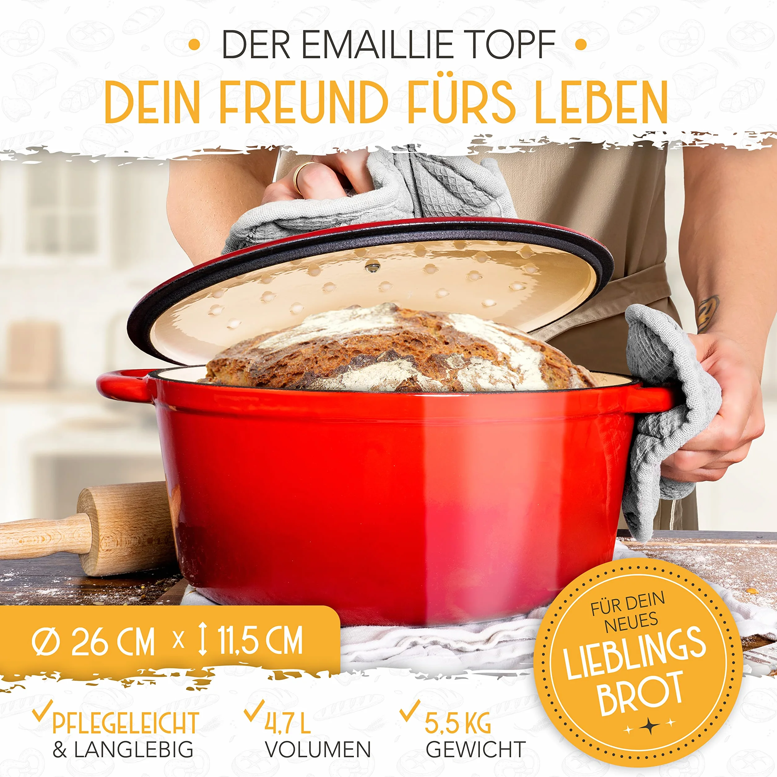 KRUSTENZAUBER Żeliwny garnek emaliowany 26 cm z koszem fermentacyjnym