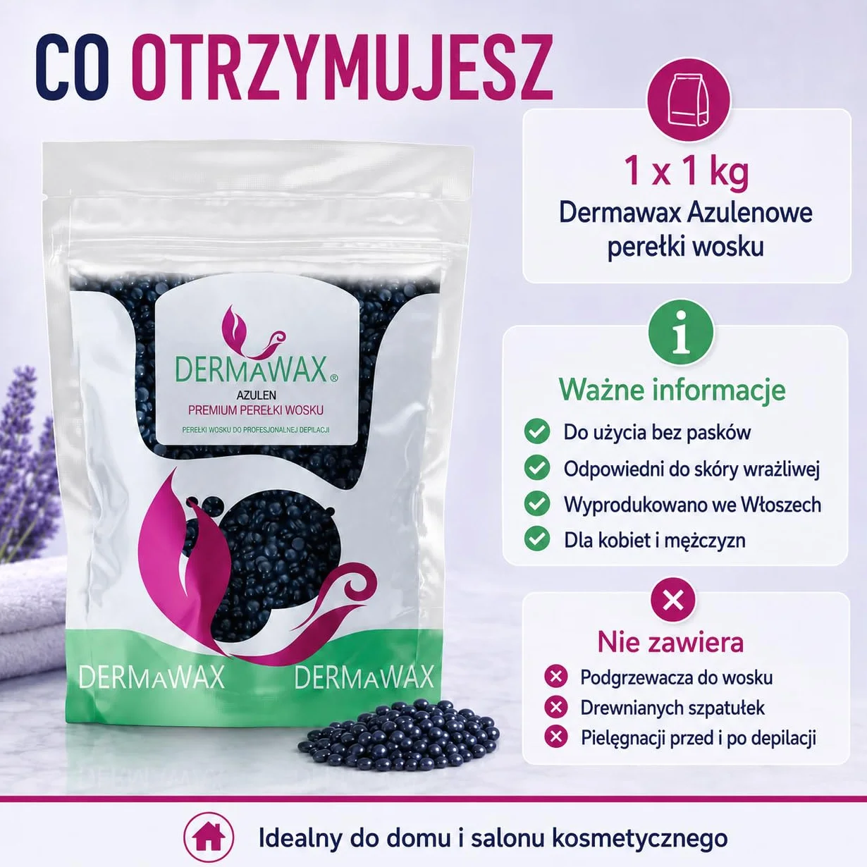 Dermawax 1 kg pereł woskowych z azulenu – kojący gorący wosk bez pasków z włókniny do usuwania włosów – delikatne dla skóry wrażliwej – do twarzy, okolic intymnych, nóg i pach, wyprodukowano we