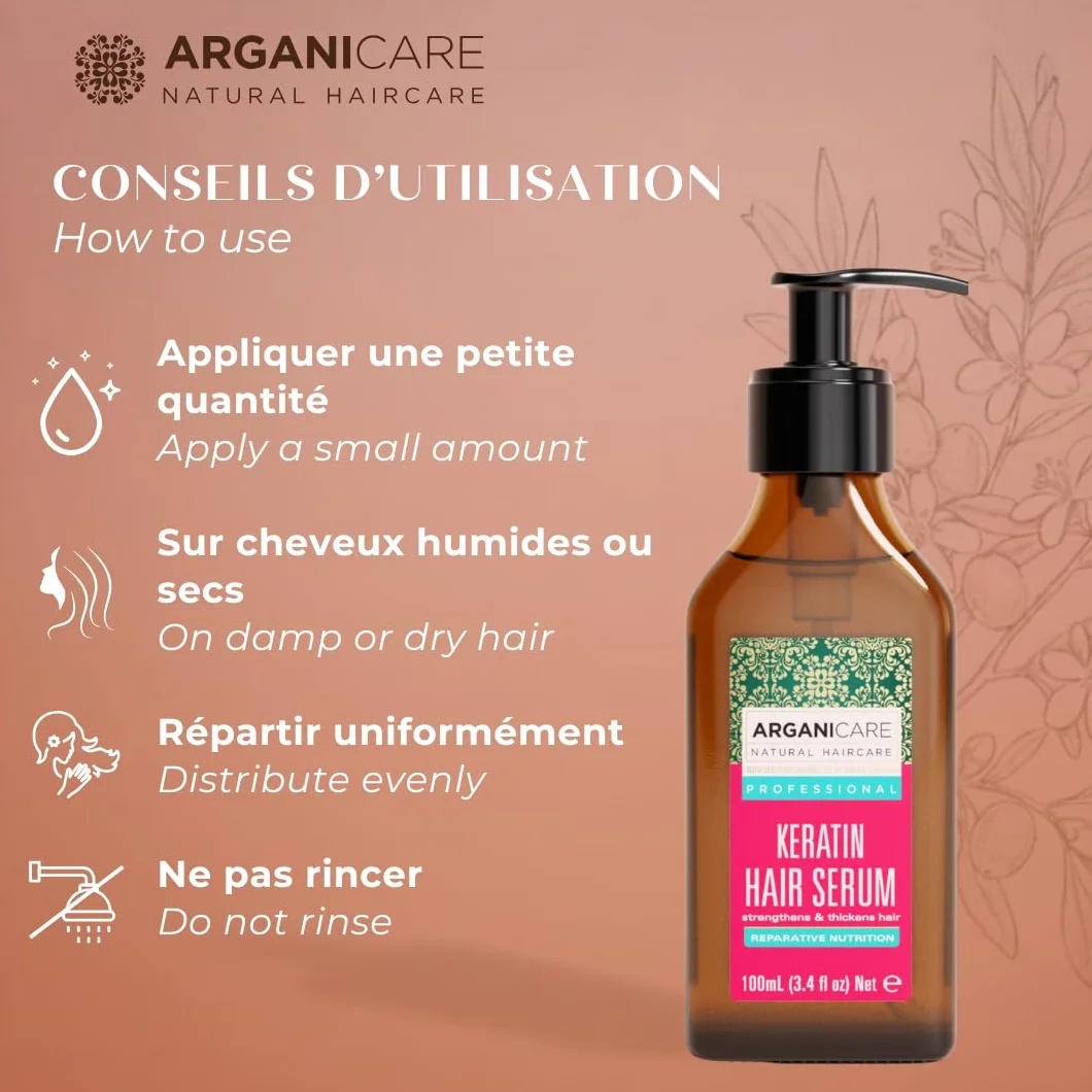 Arganicare | Seria keratynowa | SERUM REPARATACYJNE I ODŻYWCZE | Z organiczną keratyną | Wzmacnia i Chroni | Nie puszące się | Wysokie nawilżenie | Włosy suche i zniszczone | 100 ml