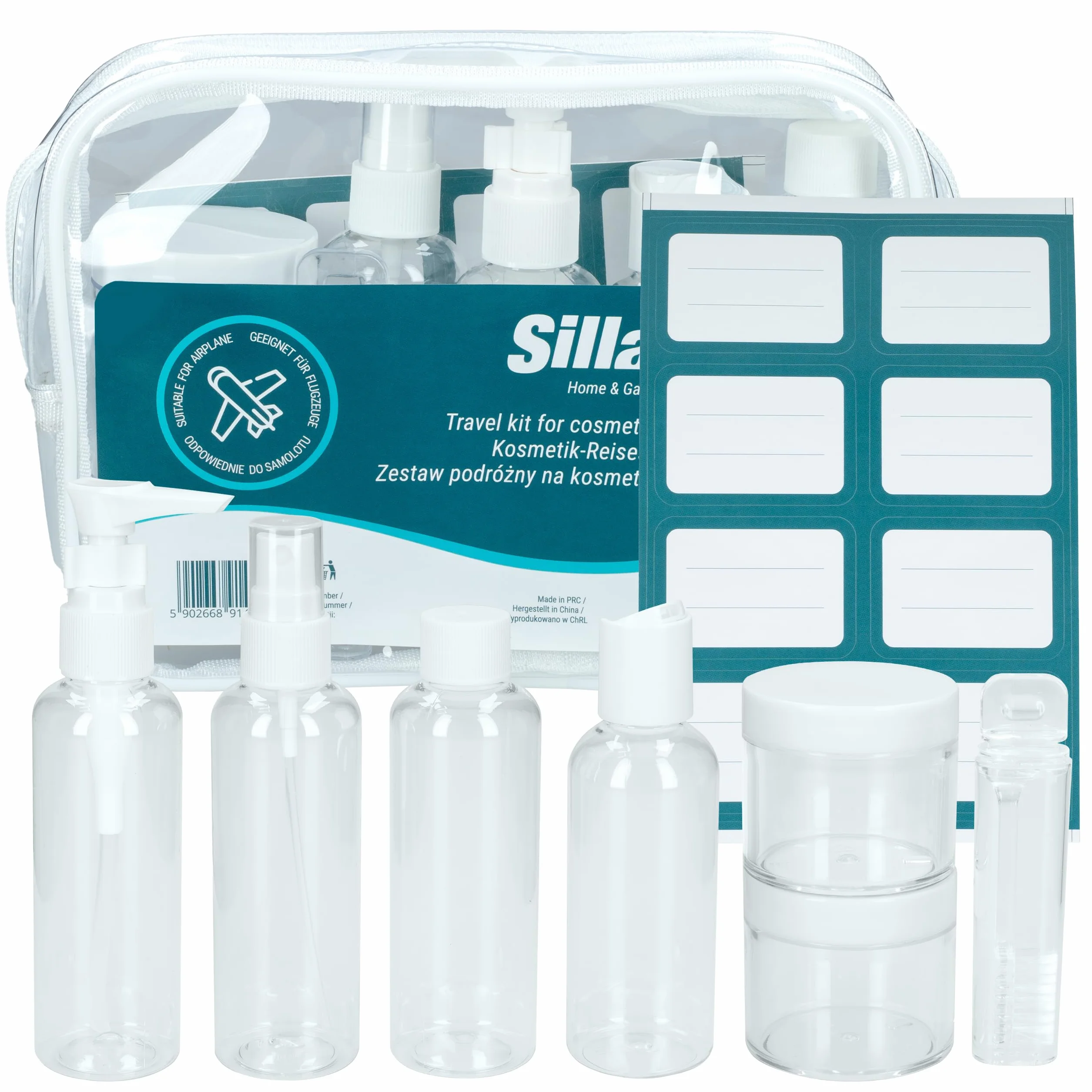 Sillar – Zestaw 7 Butelek Podróżnych na Kosmetyki (Max. 100 ml) | Składana Szczoteczka do Zębów, Przezroczysta Kosmetyczka – Idealne do Bagażu Podręcznego