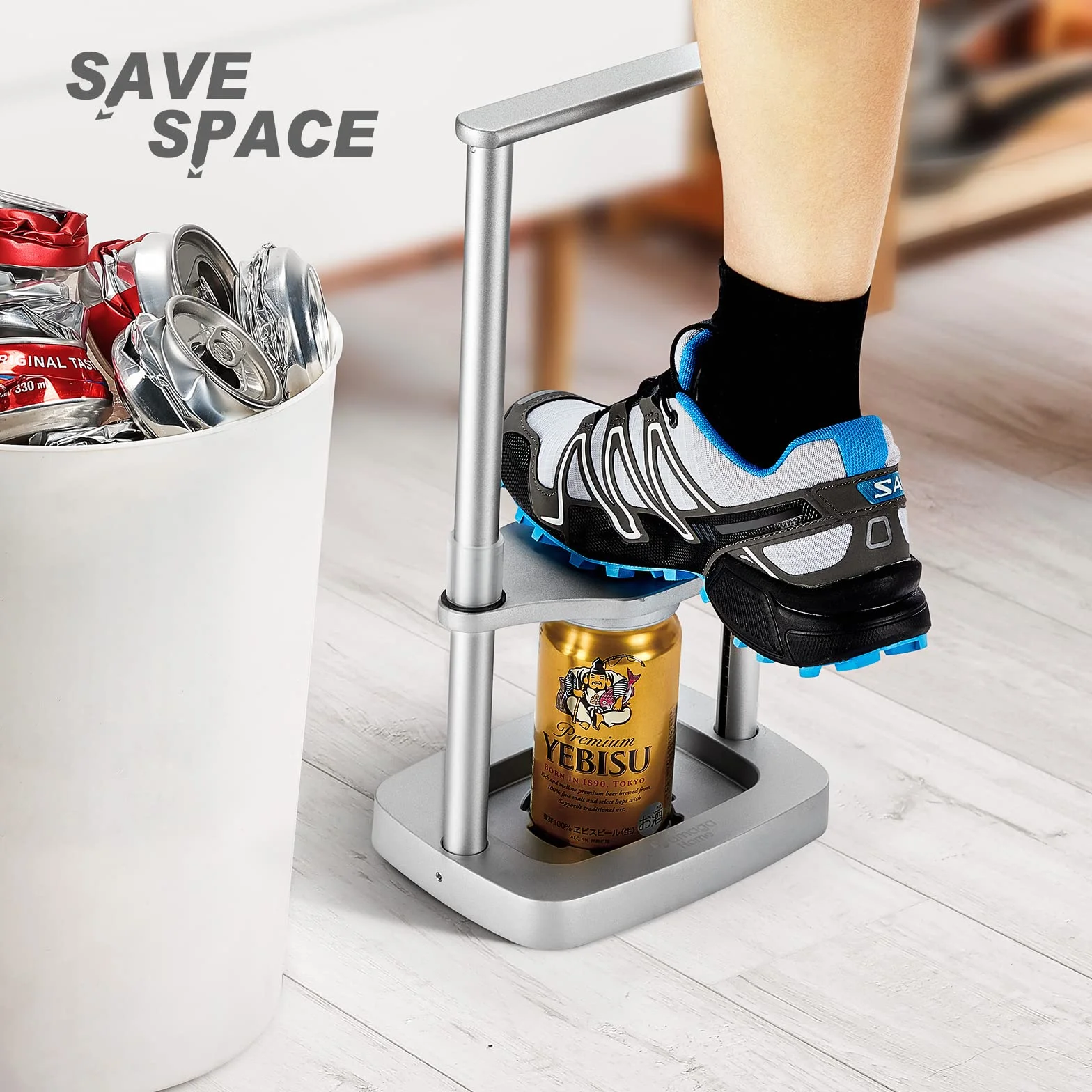 Yamagahome Prasa do puszek z nożnym uruchamianiem 250 ml - 600 ml, metalowa kruszarka do puszek z piwem ze sprężyną, do recyklingu aluminiowych puszek z napojami, puszek po piwie i butelek PET,
