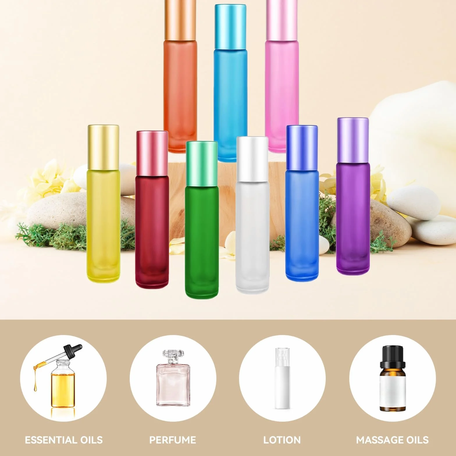 12 sztuk 10 ml Roll On szklane butelki na olejki eteryczne, puste butelki z kulką ze stali nierdzewnej, otwieracz, kroplomierzem i lejkiem, kolorowe do perfum, masażu, aromaterapii (10