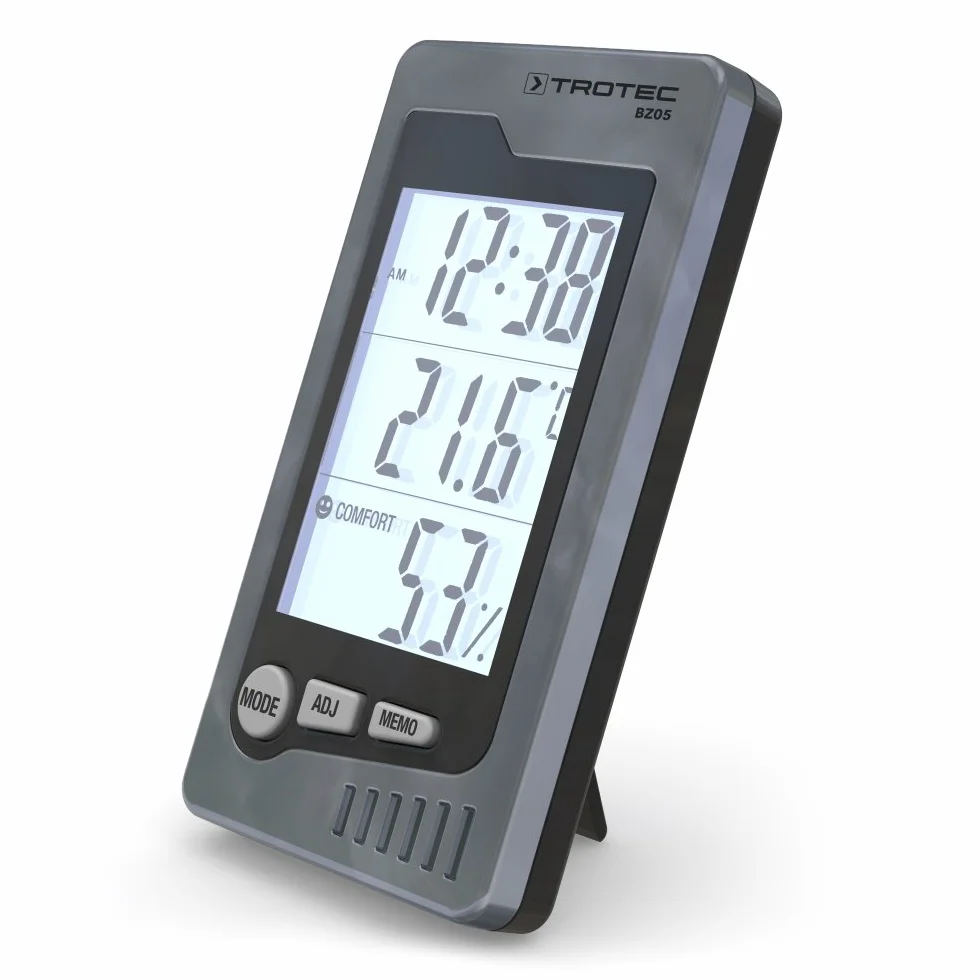TROTEC BZ05 Termohigrometr wewnętrzny stacja klimatyczna wskazuje temperaturę wilgotność powietrza godzinę i datę