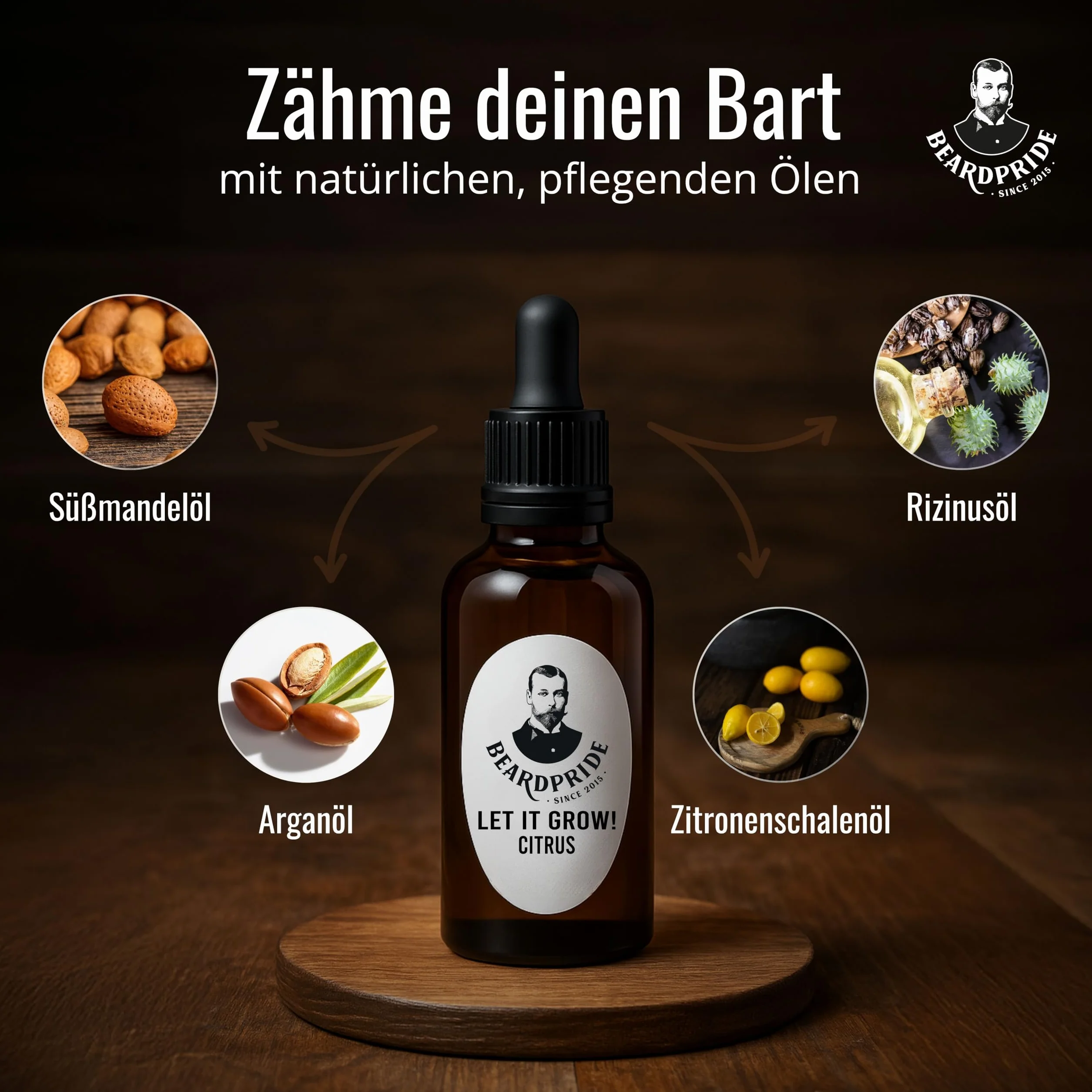BEARDPRIDE Olejek do brody "Let it Grow!" – naturalny olejek do pielęgnacji brody – z olejem rycynowym, olejkiem migdałowym i olejkiem arganowym – do brody pełnej i trzydniowej brody – 100% naturalny