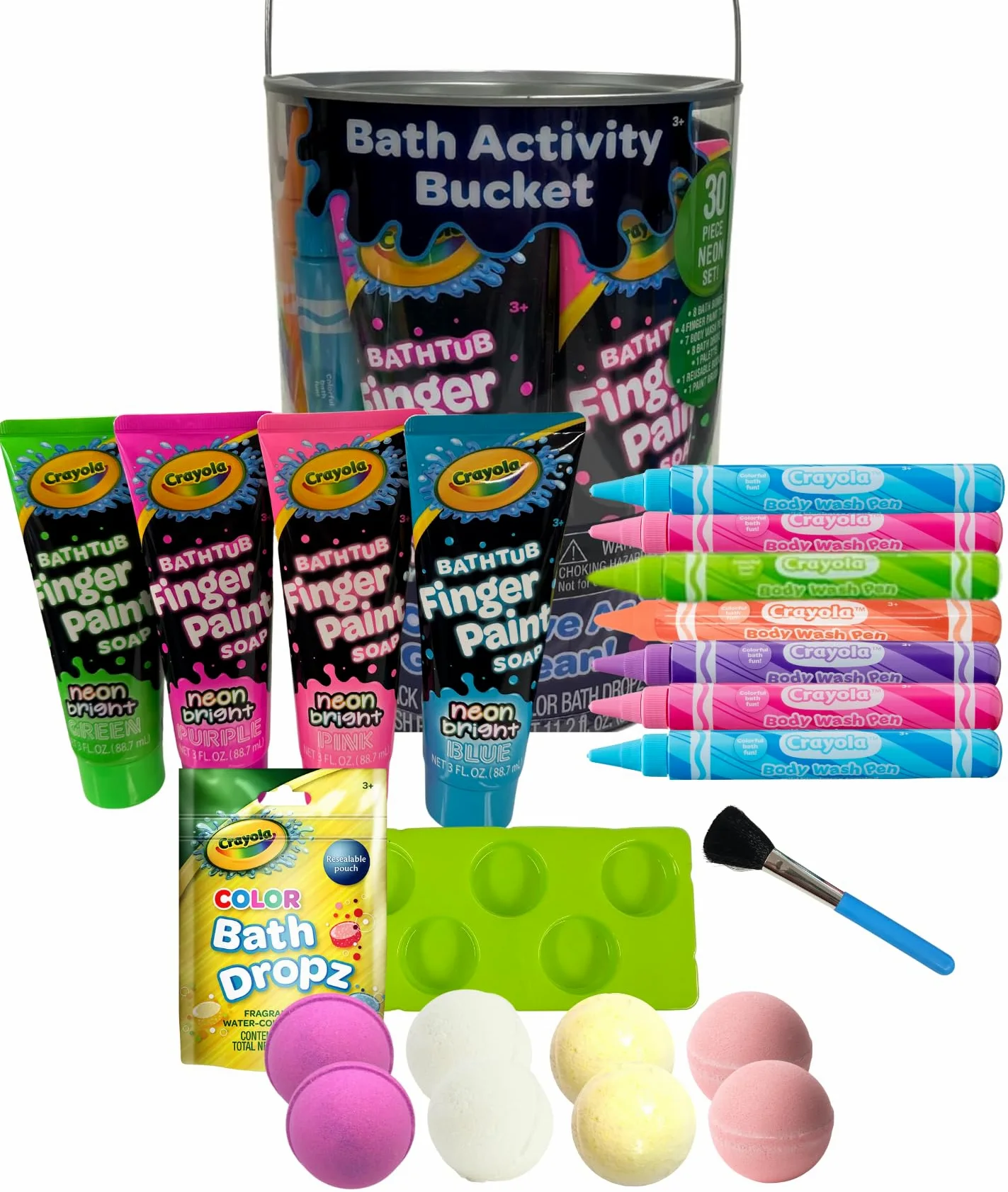 Crayola NEON Wiadro do kąpieli dla dzieci, 30-częściowy zestaw z kulkami do kąpieli, kolorowe tubki na mydło na palec, długopisy do mycia ciała, krople do kąpieli, paleta, pędzel do malowania i wiadro