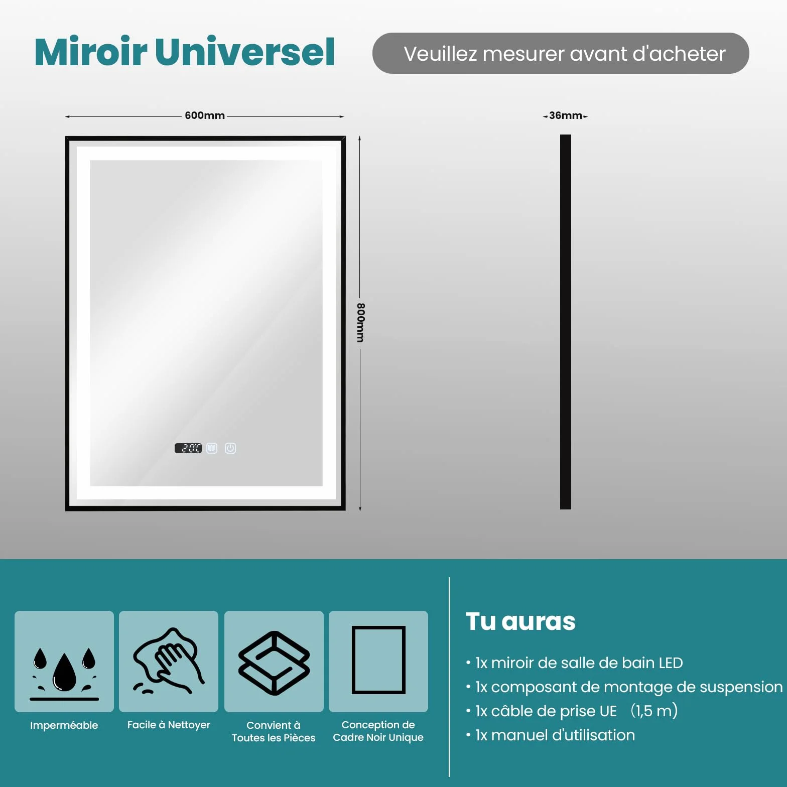 YOURLITE Lustro łazienkowe LED 60x80 cm z oświetleniem IP44 Czarny