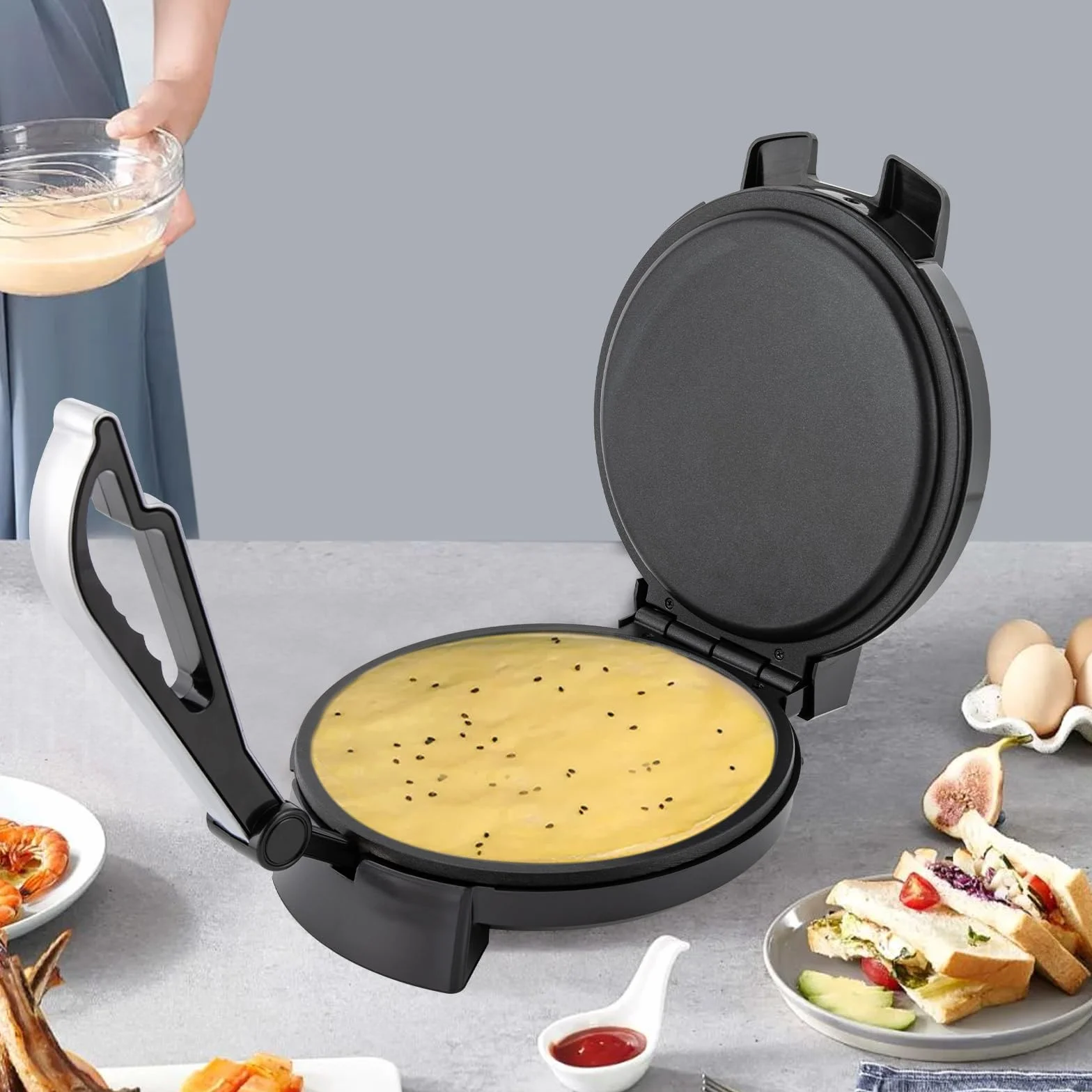 Roti Maker 1200 W elektryczny dwustronne ogrzewanie prasa do mąki kukurydzianej powłoka nieprzywierająca regulacja temperatury 53 x 18 cm