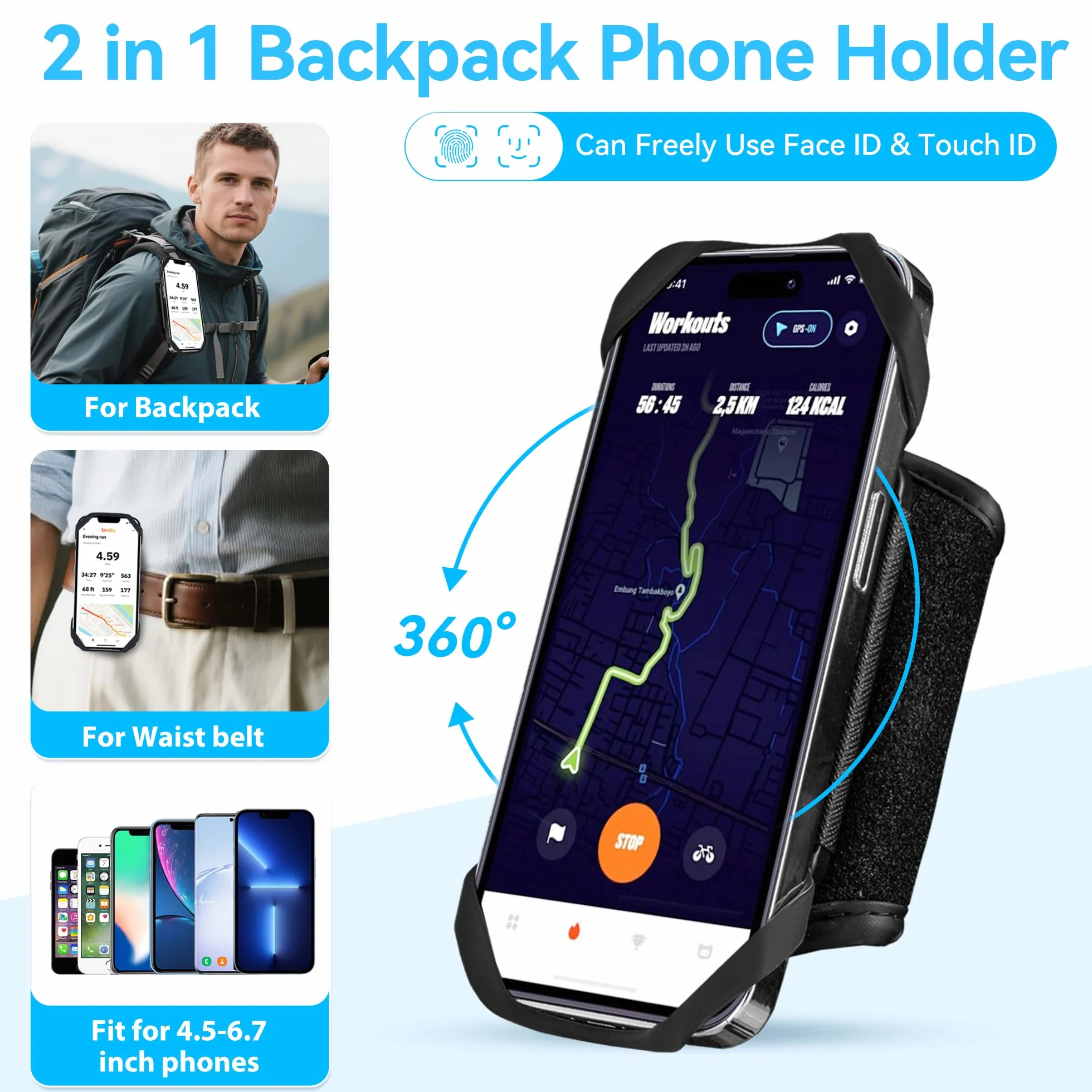 Plecak na telefon, klips na pasek do plecaka 2 w 1 i uchwyt na telefon do iPhone'a 11.4-17.8 cm, obracany o 360°, zdejmowany, bezpieczne dopasowanie 4-7 cm szerokie paski plecaka, idealny na