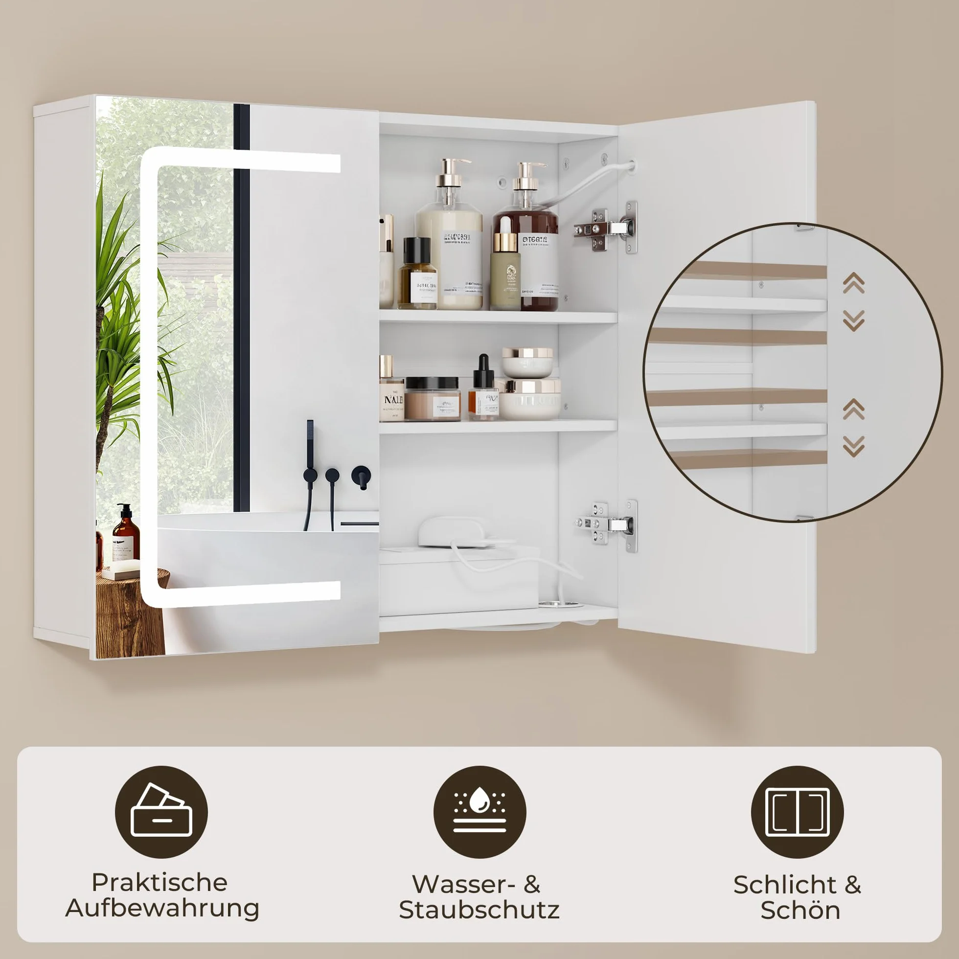 70cm Szafka łazienkowa z lustrem LED ściemnialna dotykowa z gniazdkiem MDF 80cm
